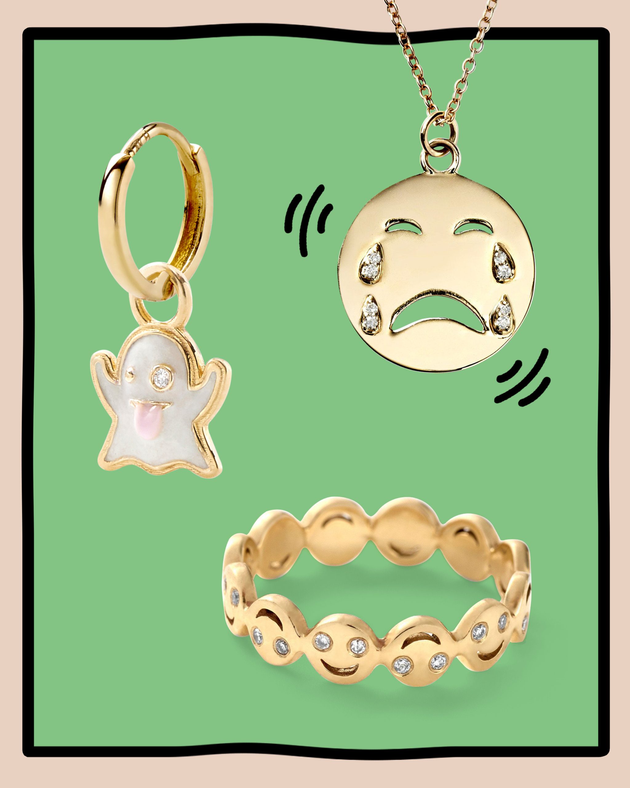 Round cut diamonds set within yellow gold ghost emoji earring, frowny face emoji necklace & smiley face emoji ring from Alison Lou