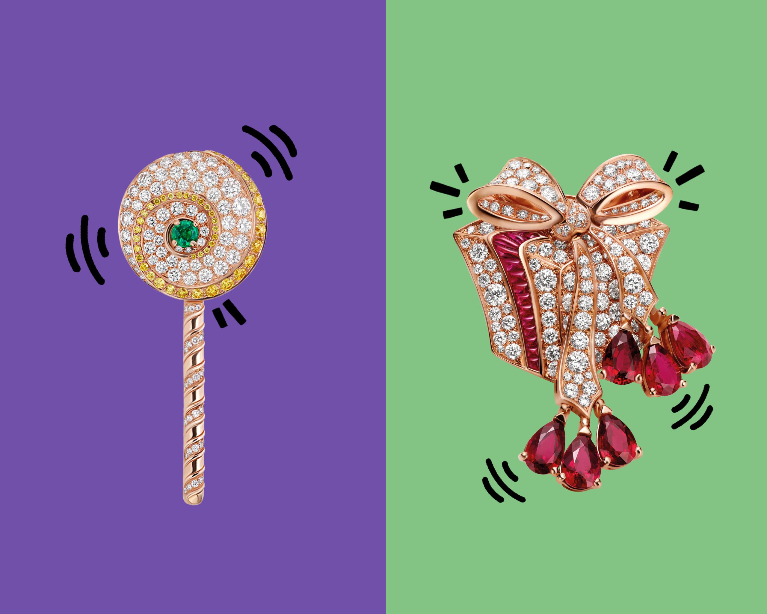 Round cut diamonds, pave diamonds, rubies and emeralds set with a lollipop emoji pendant & a present brooch from Bulgari