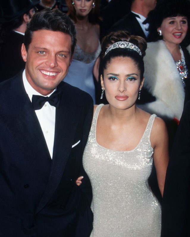Diamond Tiaras: Salma Hayek wearing a vintage diamond tiara from Fred Leighton at the 1997 Oscars