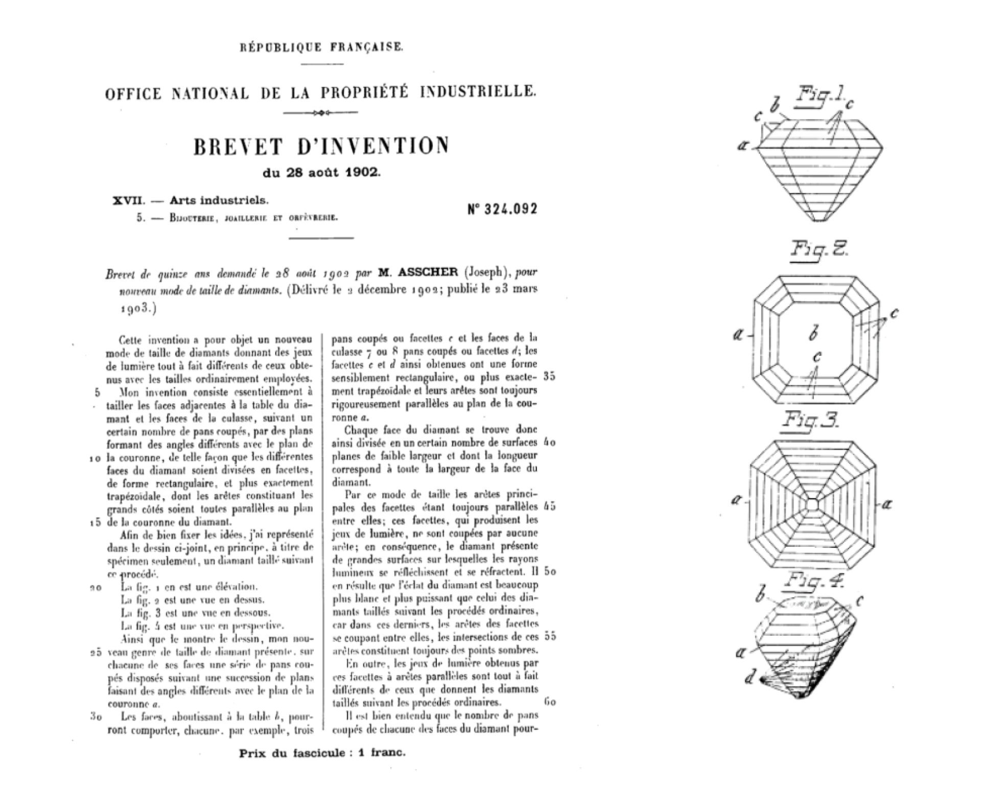 The original 1902 French patent filed by Joseph Asscher for the Asscher Cut diamond cut
