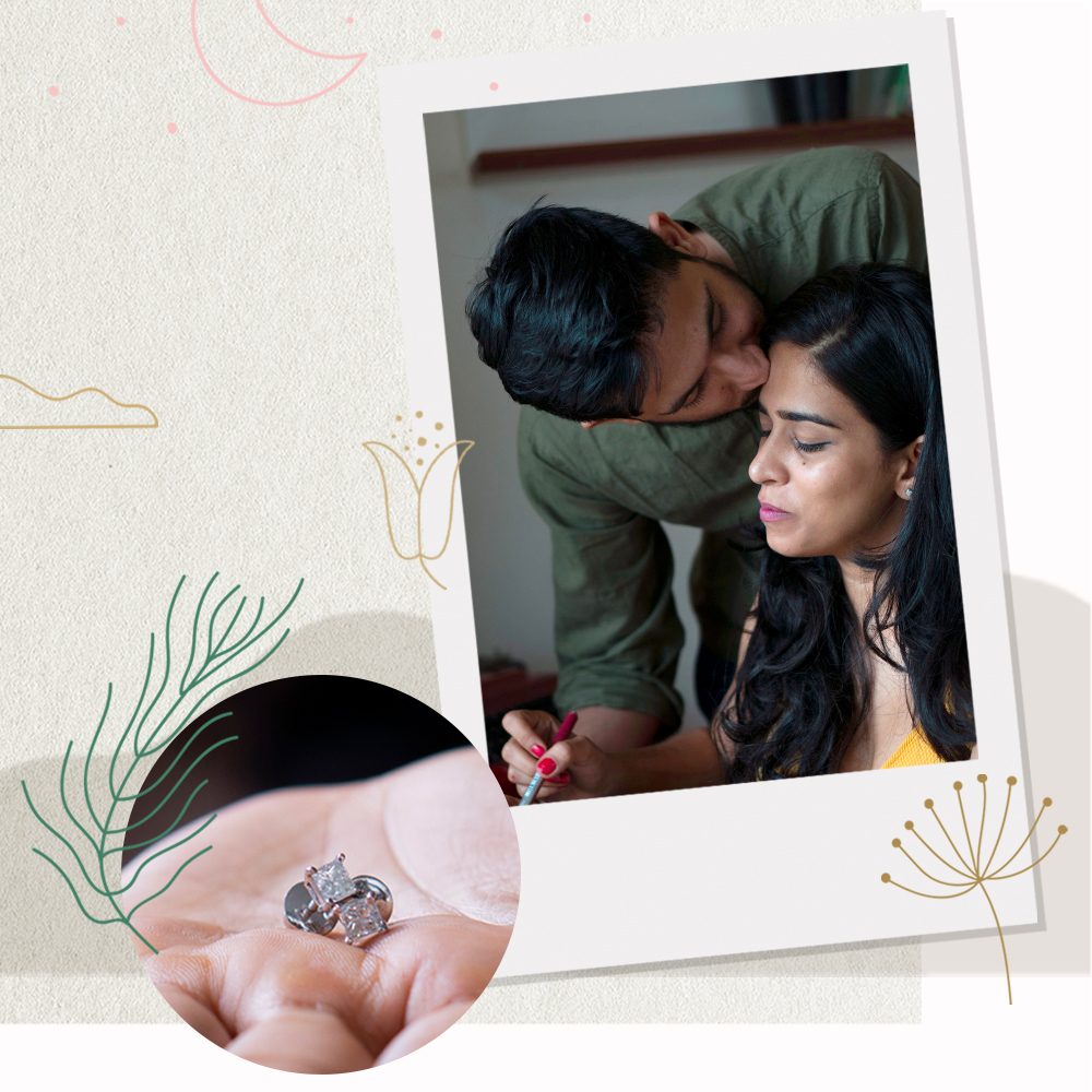 Kakul and Ishaan wearing solitaire diamond earrings