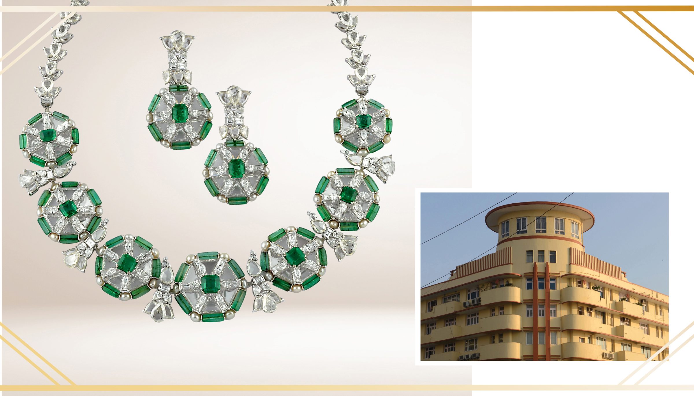 Left: Exquisite Emerald and Diamond Jewellery Set by Birdhichand Ghanshyamdas Jewellers
Right: Art Deco Building on Mumbai's Marine Drive, Showcasing Linear and Geometric Features