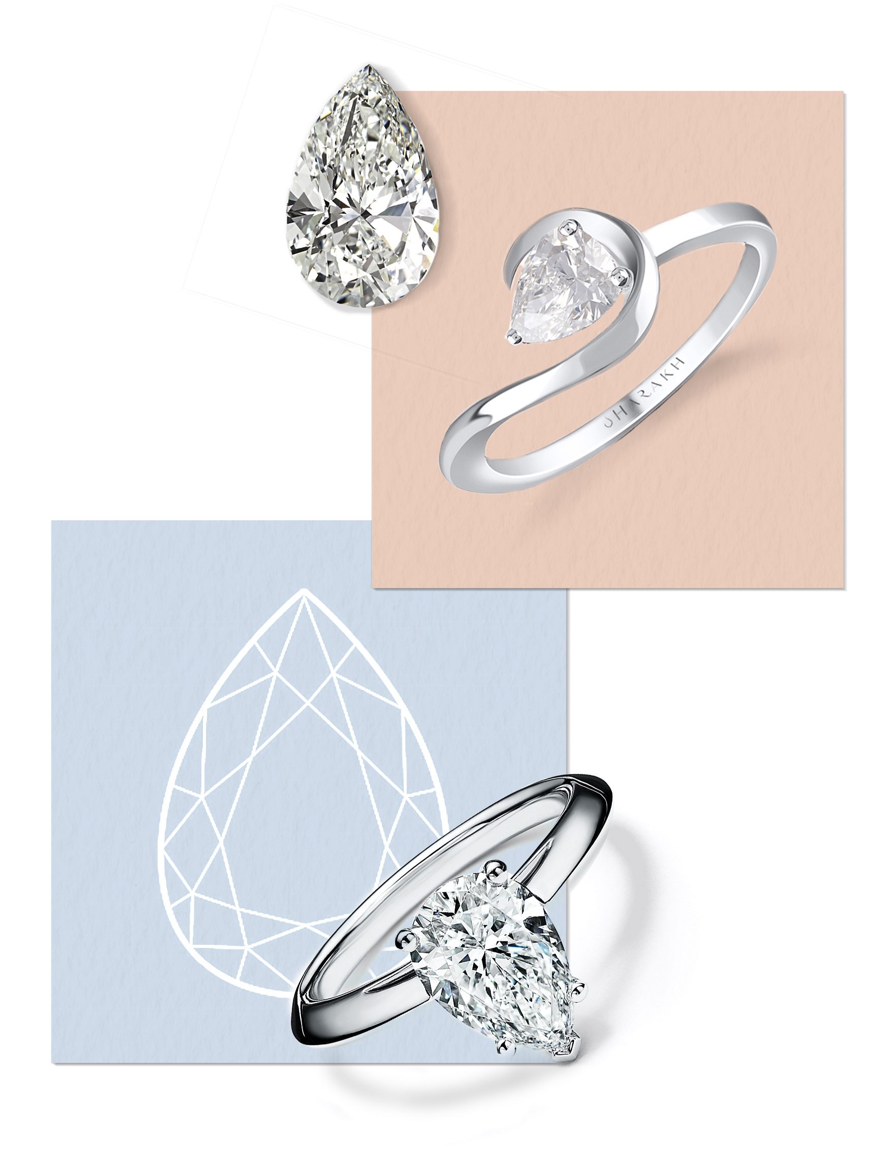 Solitaire diamond rings designed with brilliant-cut pear-shaped diamonds