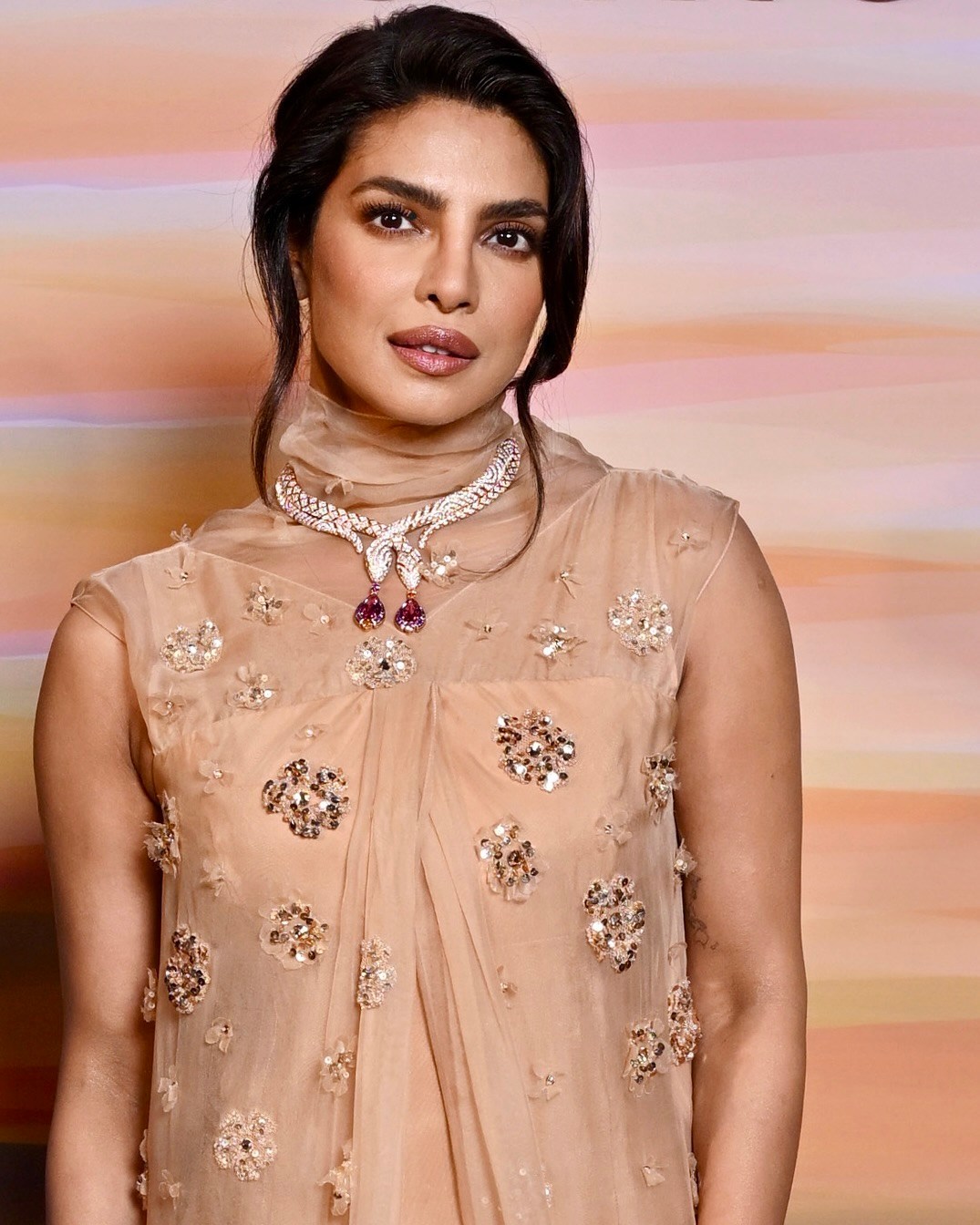 Priyanka Chopra attends the Bulgari Polychroma High Jewelry Event in diamond snake jewelry
