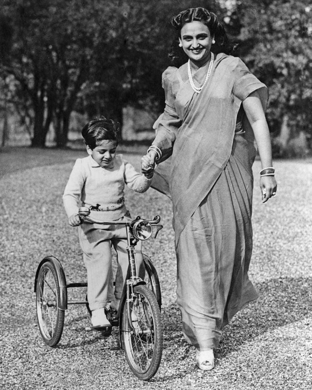 Maharani Sita Devi Sahib of Baroda with her son, the "Princie" at their home in Epsom, Surrey, circa 1948. (Getty Images)