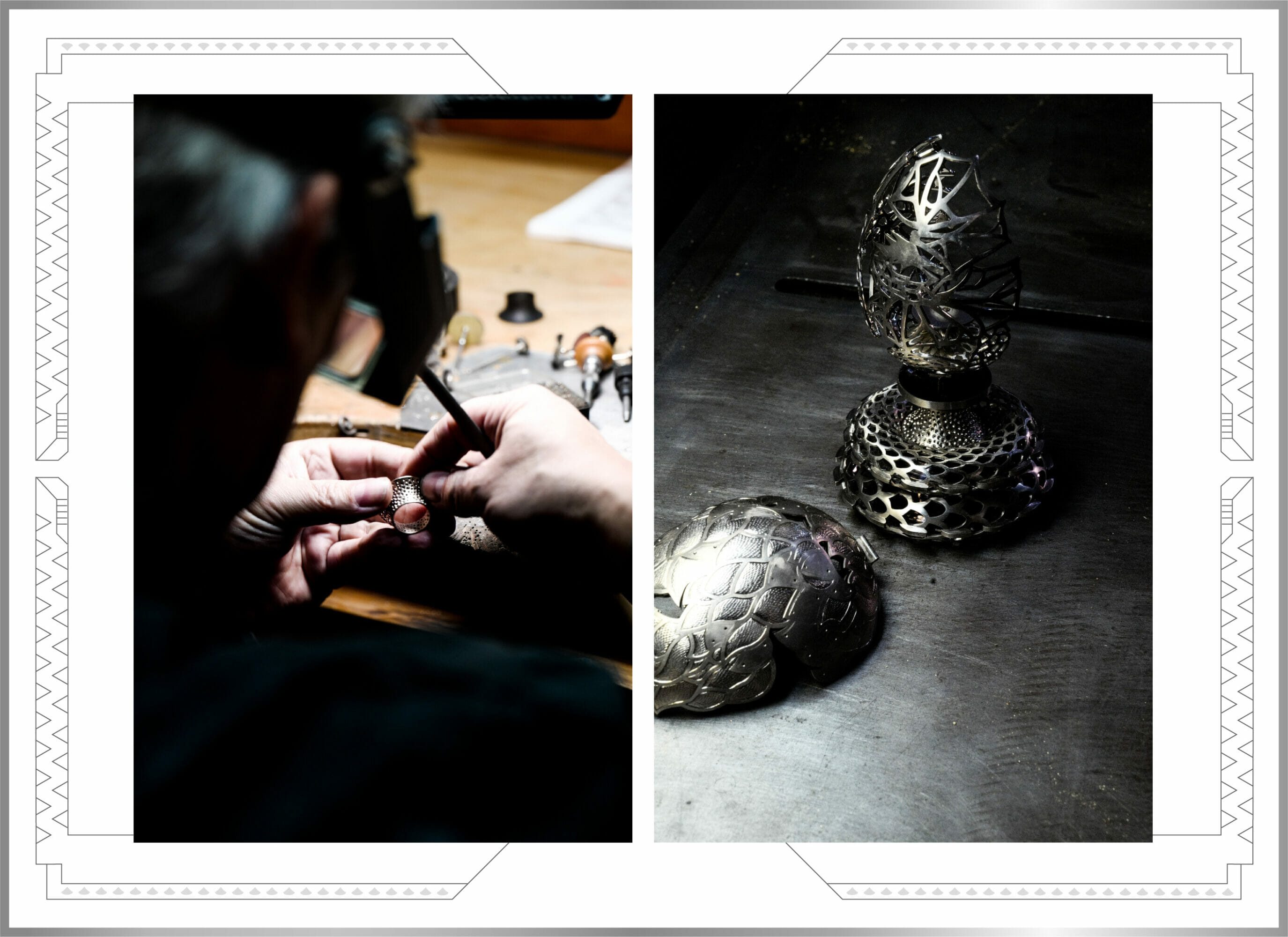 Fabergé Dragon Egg Layers: First Unveils, Second 18K White Gold Egg with Intricately Pierced Three Dragons Set with Natural White Diamonds