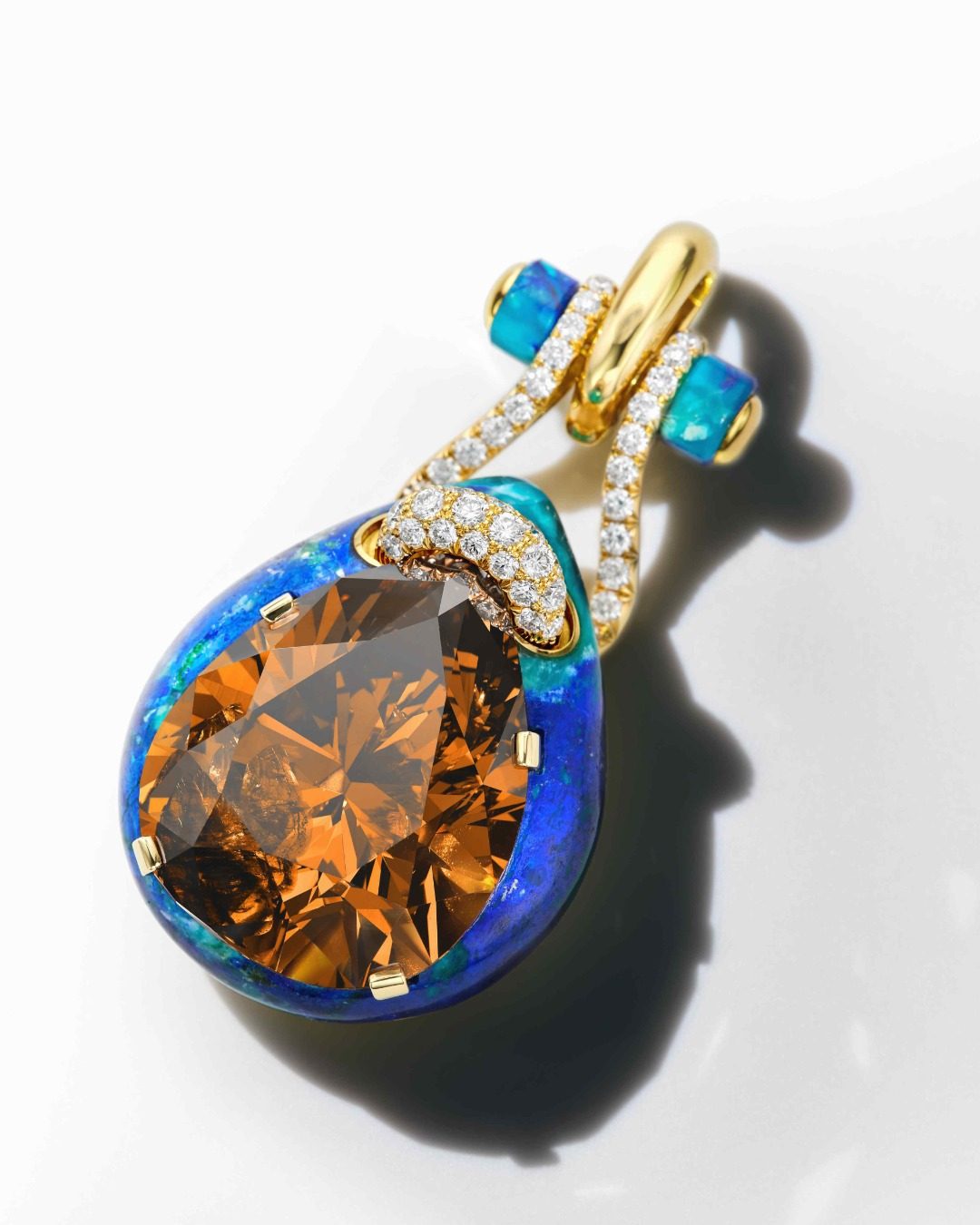 The Earth Star, a 111.59-carat fancy deep orange-brown diamond, in its new mounting created by jeweler David Webb. (Courtesy of Sotheby's Auction House)