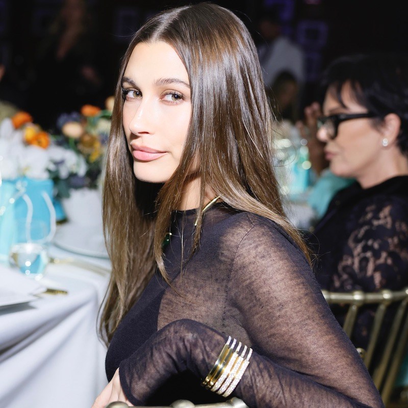 Hailey Bieber wears a diamond bracelet stack to the Tiffany & Co. launch of the Lock Collection
