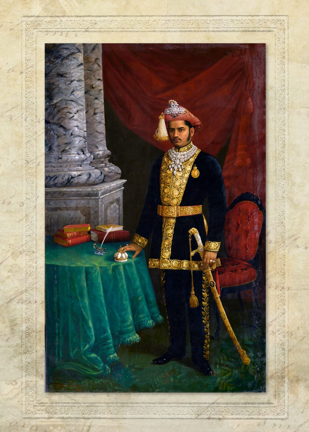 Maharaja Sayajirao III wearing three-tiered diamonds necklace around his neck