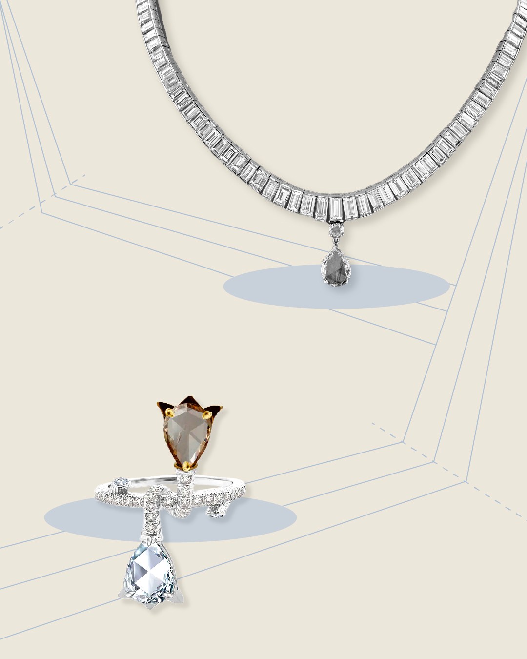 Modern Solitaire Cuts in Necklace and Rings