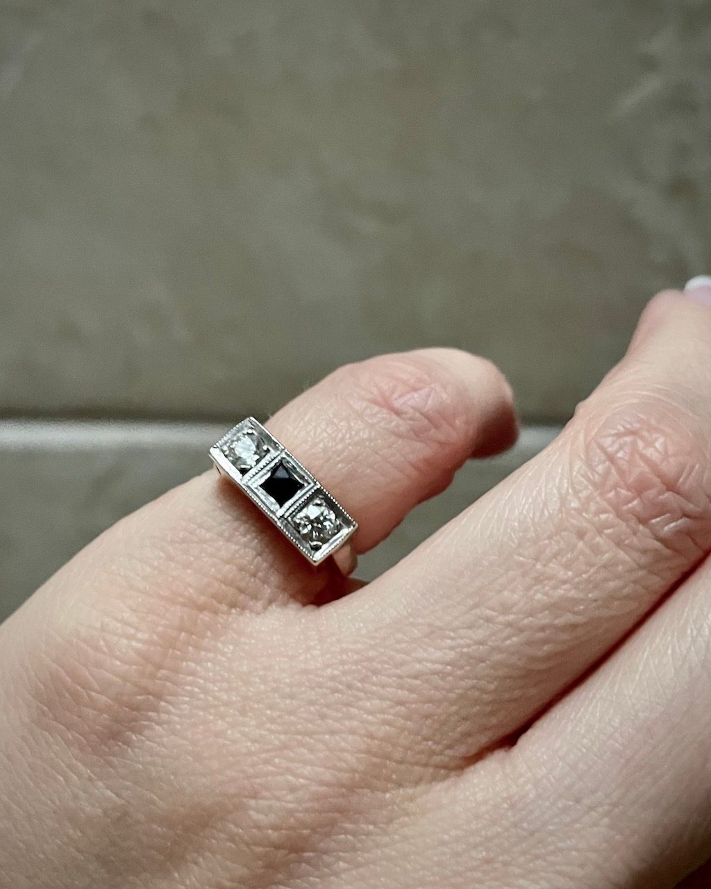 Heirloom diamond and sapphire three-stone pinky ring