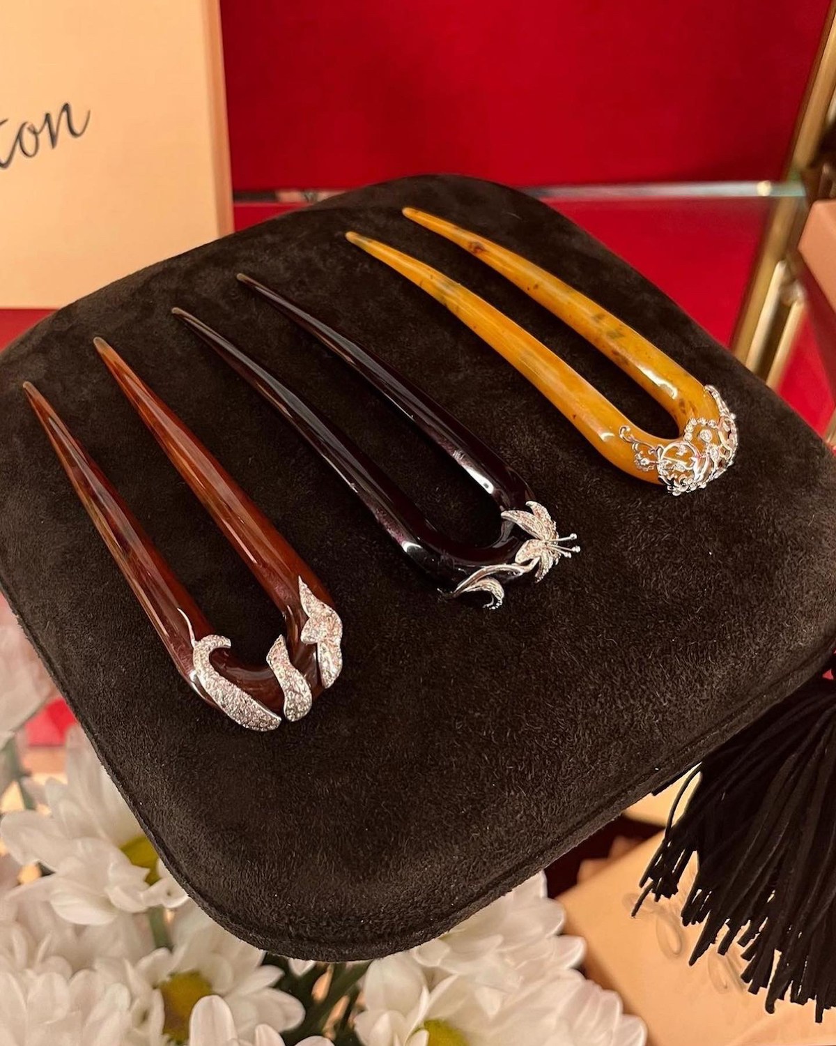 A selection of the diamond, white gold and acetate hair pins Jenny Walton designed for Gioielleria Pennisi in Milan. (Courtesy Instagram @jennymwalton)