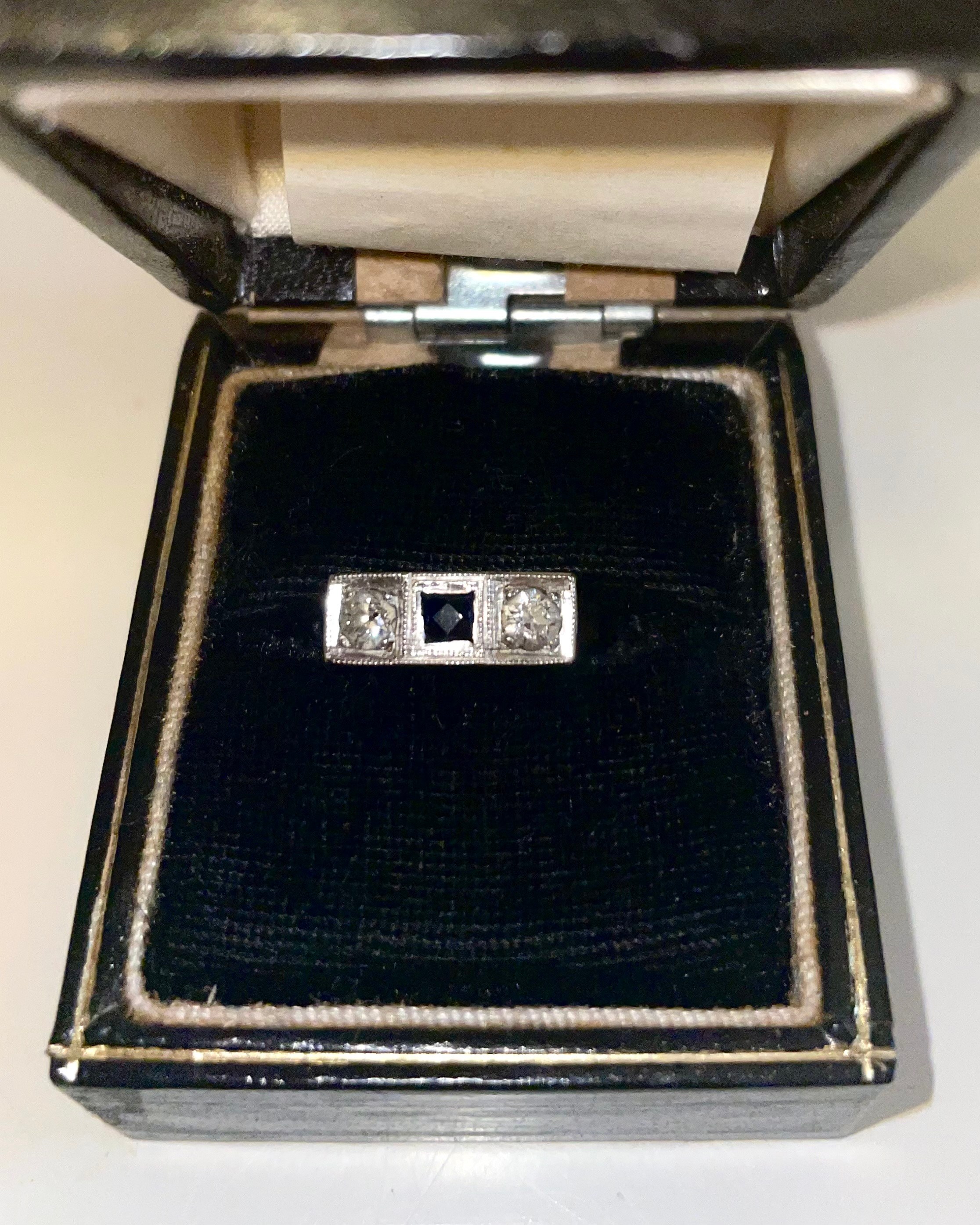 Heirloom diamond and sapphire three-stone pinky ring