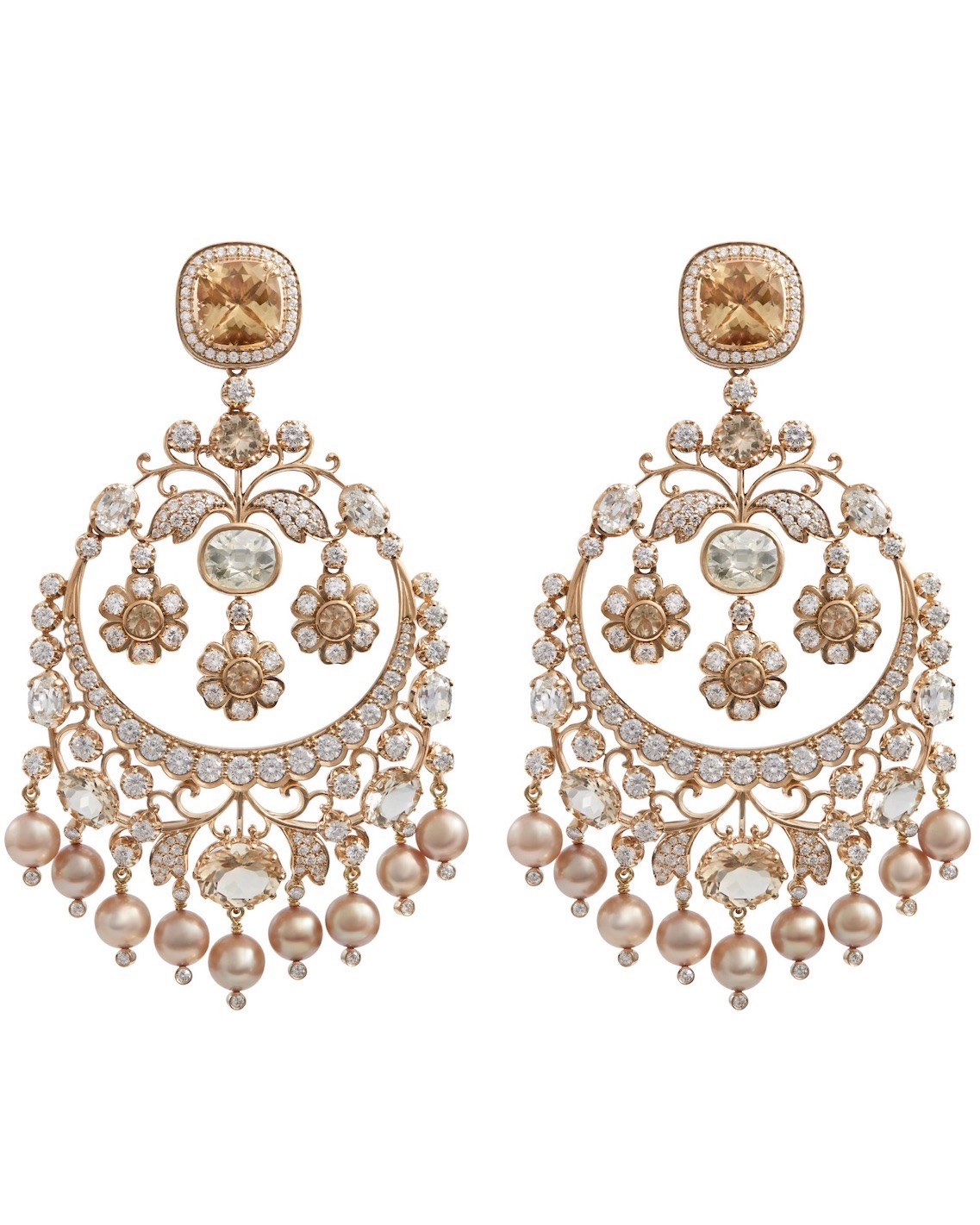 Mughal Empire Diamond Jewelry Indian Wedding Jewelry Sabyasachi ‘Bengal Royale’ Collection High Jewelry Earrings with Brilliant-Cut Diamonds, Pearls, and Organic Gemstones, Set in Gold 