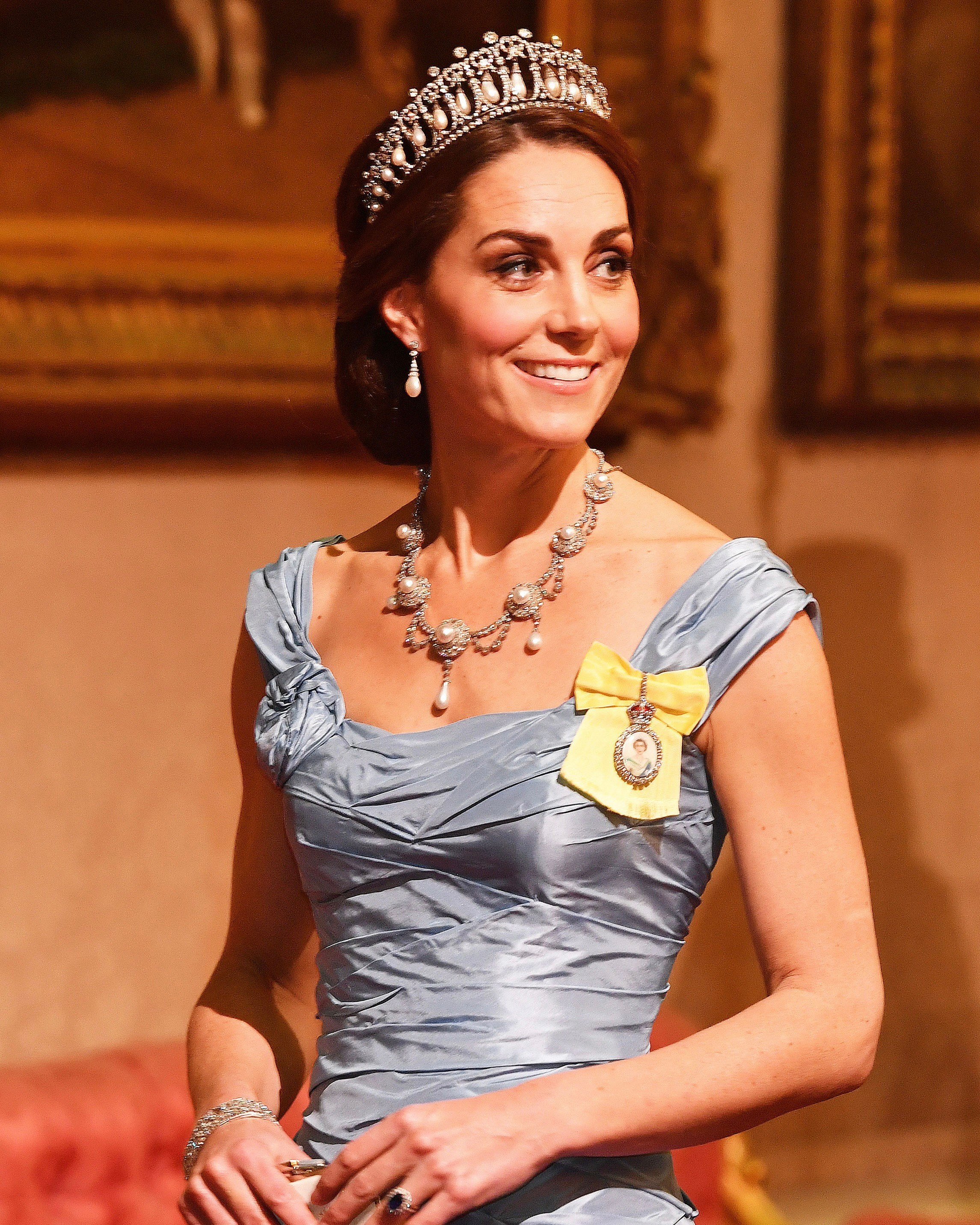 Kate Middleton wore the Cambridge Lover's Knot tiara during a State Banquet at Buckingham Palace when she was still the Duchess of Cambridge, on October 23, 2018, in London, England.