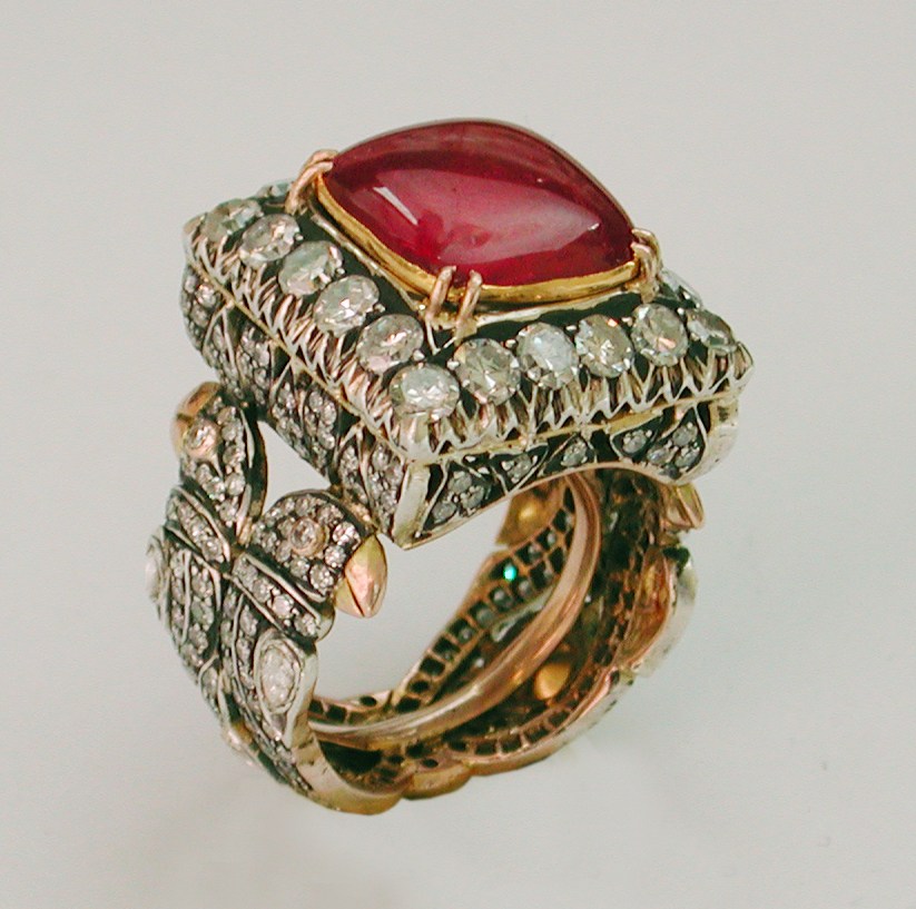 Mughal Empire Indian Wedding Jewelry Indo-Russian Ruby & Rose Cut Diamond Ring with intricately pierced gold and silver work reverse encrusted with diamonds (Courtesy of Munnu The Gem Palace)