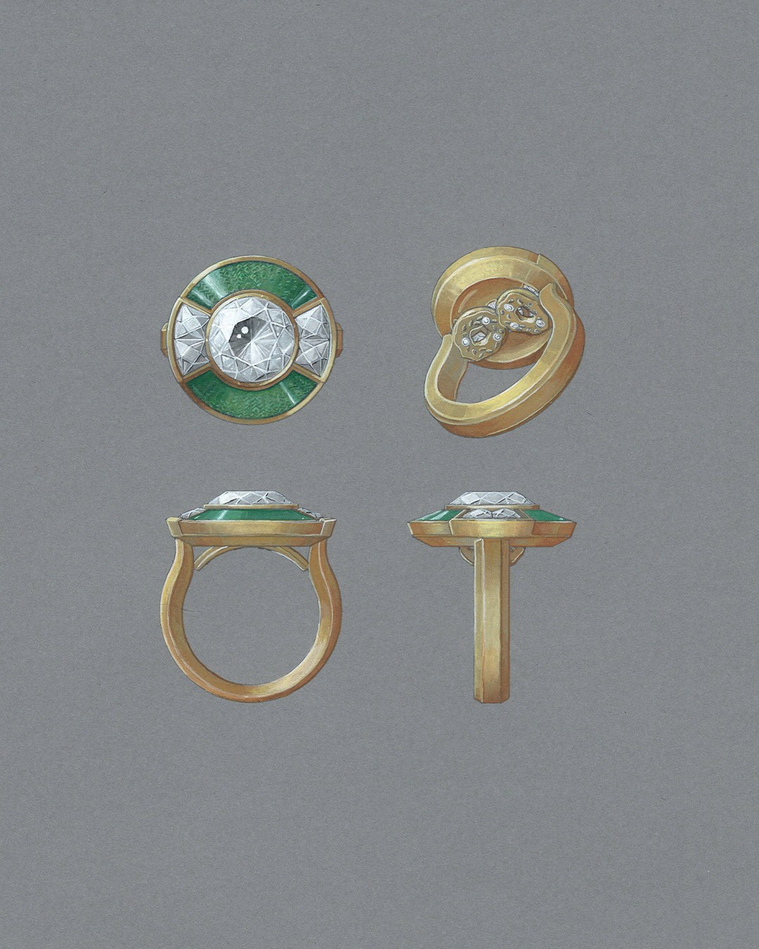 Millie and Noah Antique diamond and green guilloche enamel ring