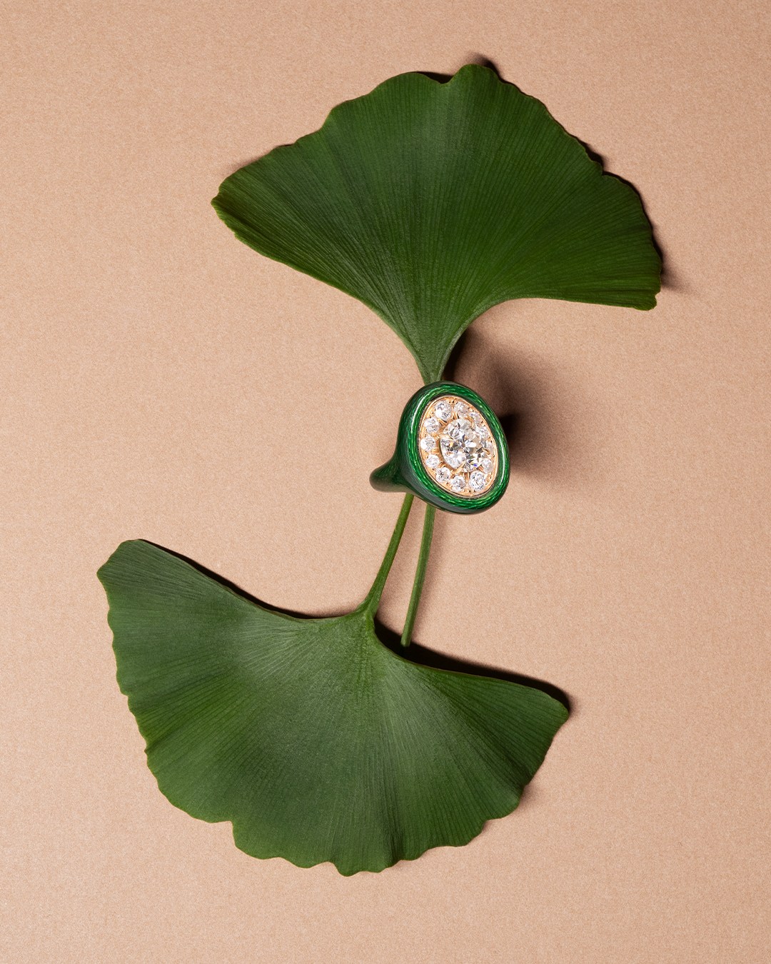 Millie and Noah Antique diamond and green guilloche enamel ring