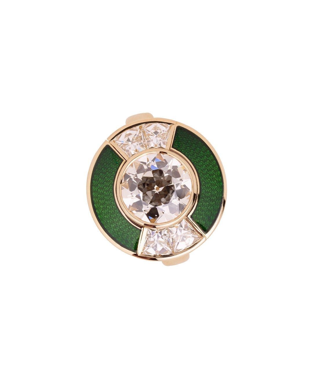 Millie and Noah Antique diamond and green guilloche enamel ring