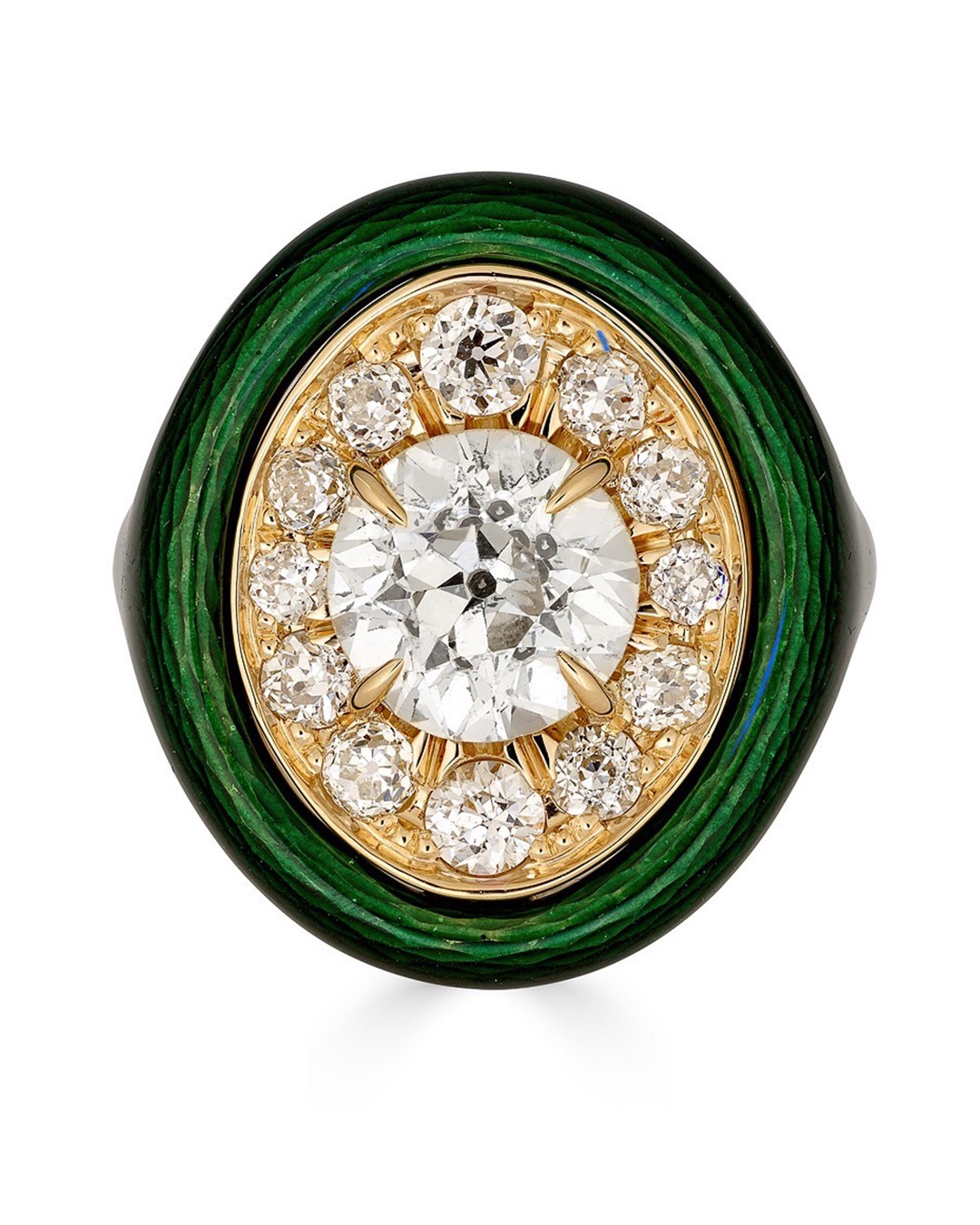 Millie and Noah Antique diamond and green guilloche enamel ring