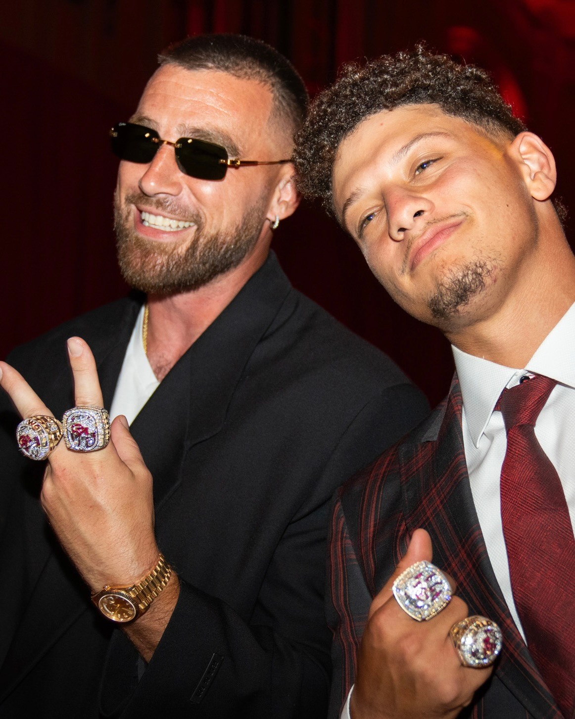 Travis Kelce and Patrick Mahomes wear their super bowl rings