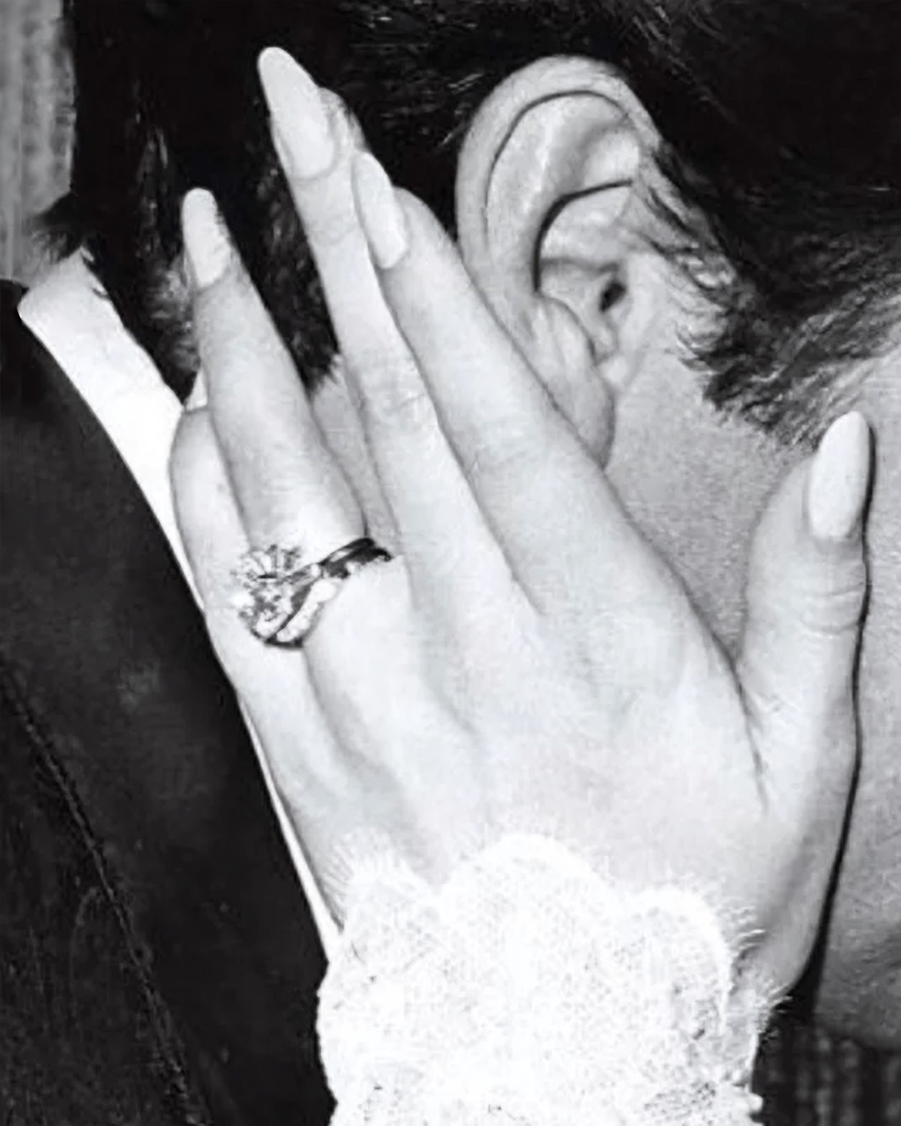 A close up of Priscilla Presley's diamond engagement ring during her wedding to Elvis in Las Vegas on May 1, 1967.