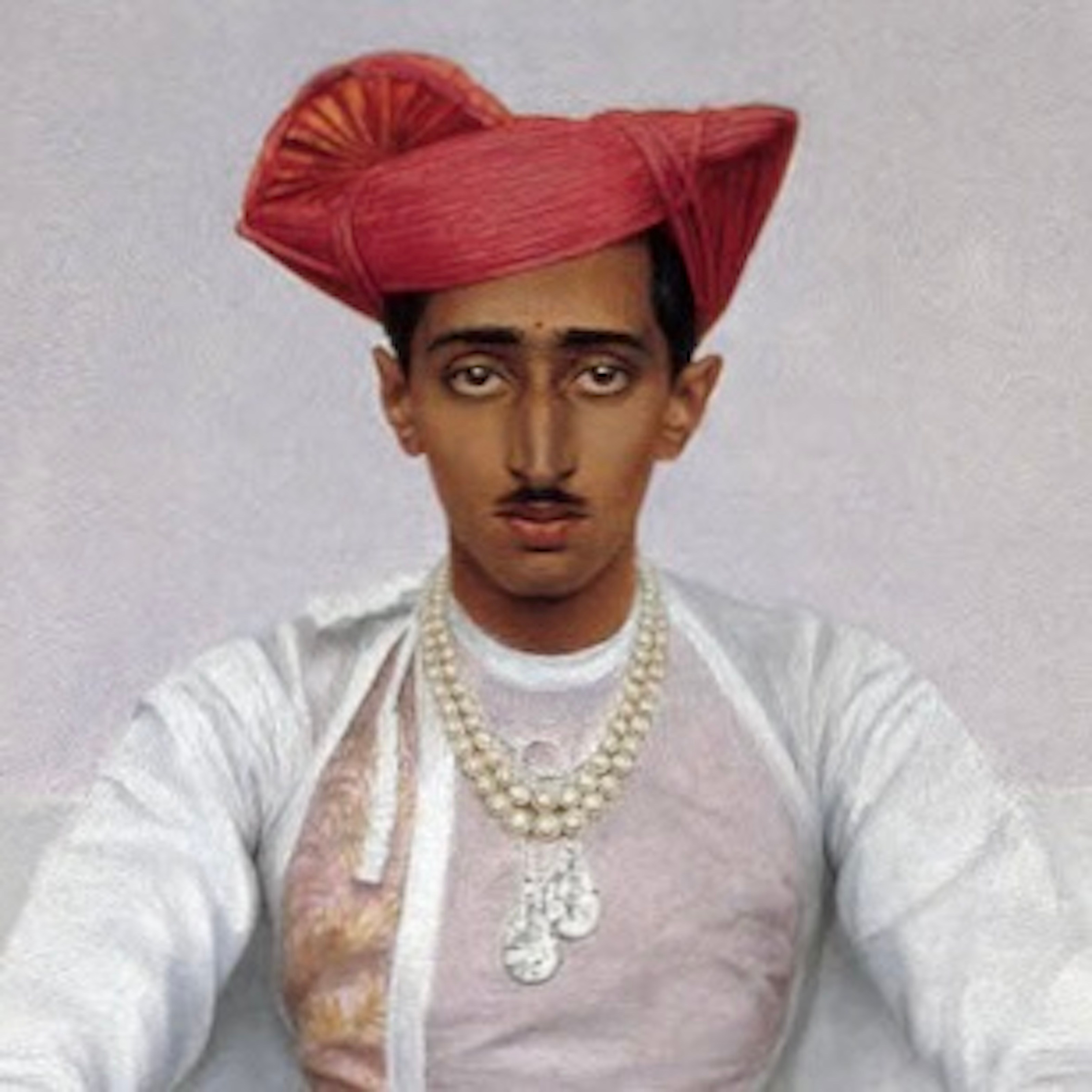 Oil-on-canvas painting by Bernard Boputet de Monvel, circa 1933-34, depicting Yashwant Rao Holkar II wearing the Chaumet necklace with Indore Pear diamonds
