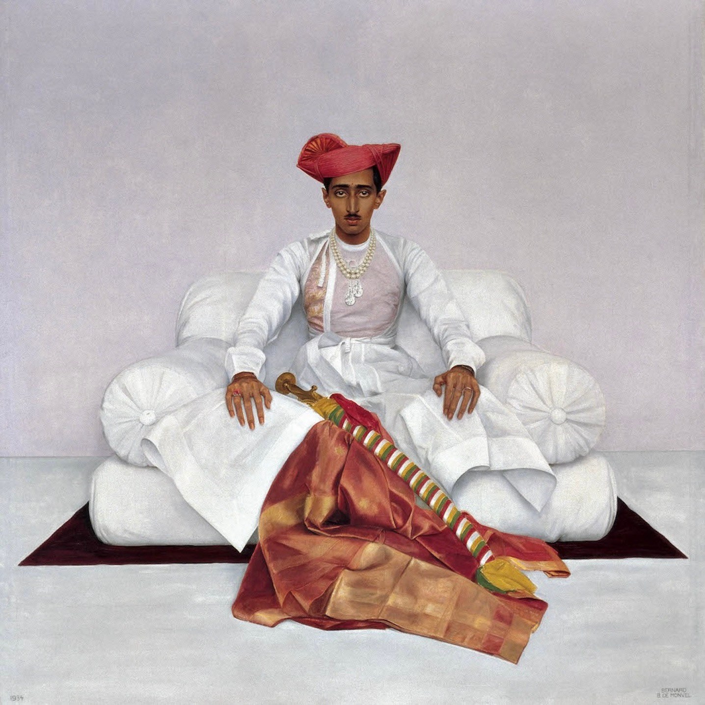 Oil-on-canvas painting by Bernard Boputet de Monvel, circa 1933-34, depicting Yashwant Rao Holkar II wearing the Chaumet necklace with Indore Pear diamonds