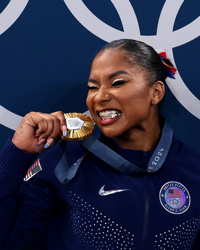 diamond grillz Jordan Chiles of Team United States during the medal ceremony during the Artistic Gymnastics Women's Team Final on day four of the Paris Olympic Games on July 30, 2024.
