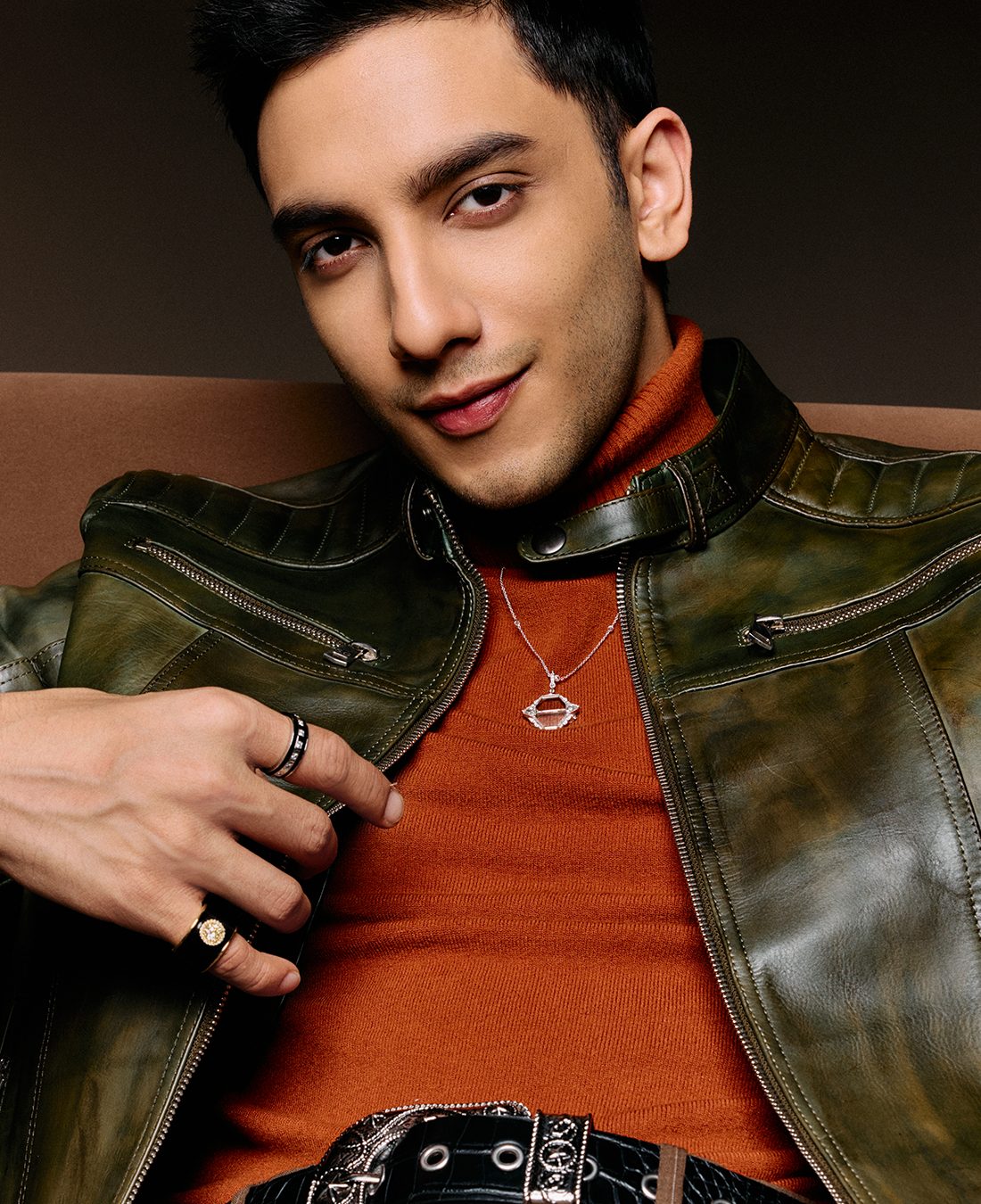 Vedang Raina Styling diamond pendant by VAK jewellers , and rings by Diamantina Fine Jewels