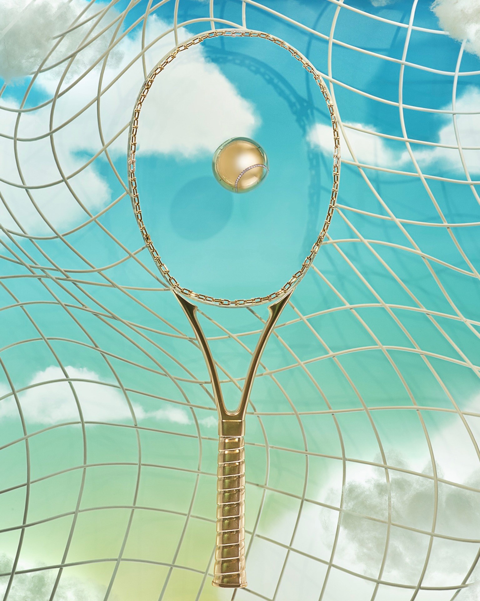 The Tiffany & Co. 2025 US Open Pop-Up reveals the one-of-a-kind diamond HardWear by Tiffany tennis racket and a 24-karat gold vermeil tennis ball.