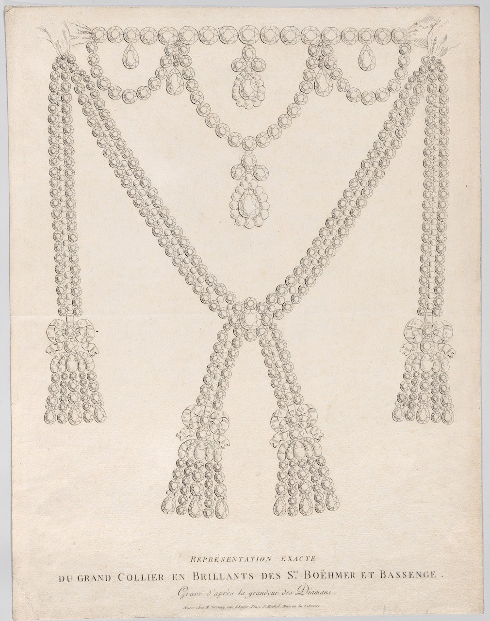 A sketch of the necklace originally commissioned by King Louis XV, later entangled in the infamous Royal scandal involving Marie Antoinette. Although the original necklace was never recovered, the piece recently unveiled by Sotheby's is believed to contain diamonds from the historic jewel. 