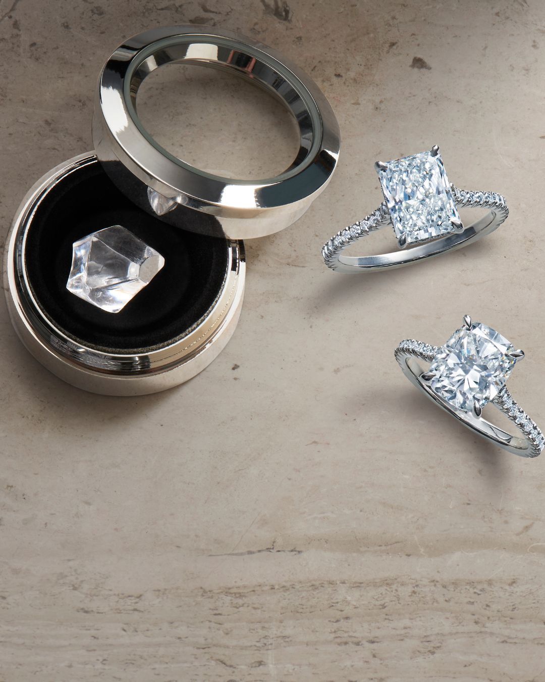 Kwiat's Mine to Shine program provided two natural diamond engagement rings from one traceable rough stone.