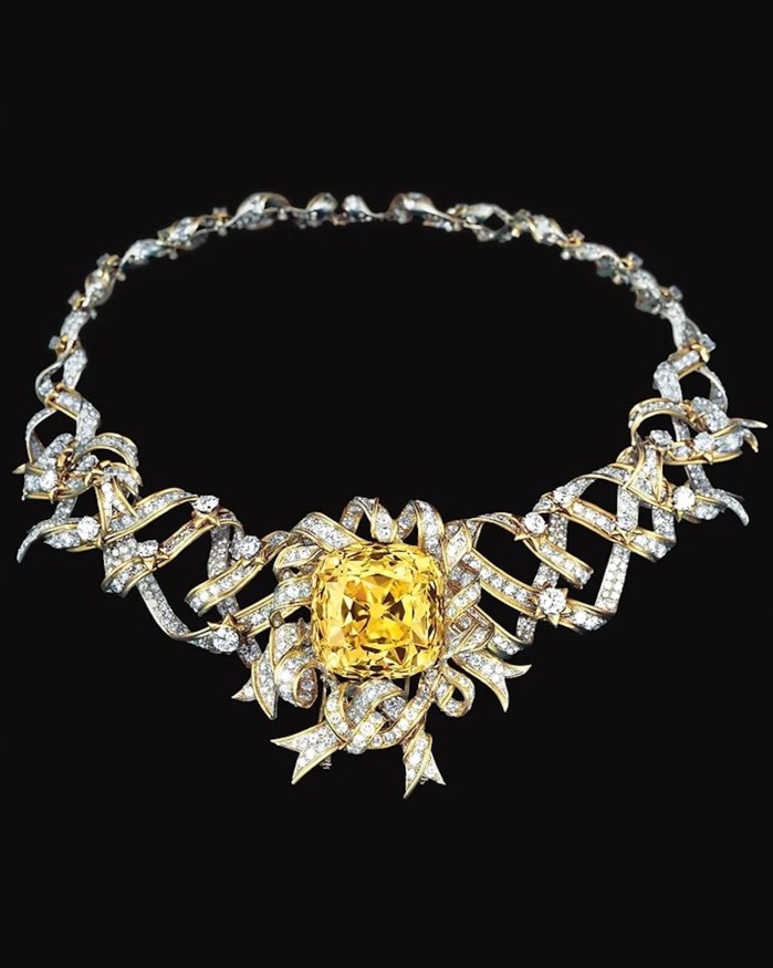 The Ribbon Rosette necklace worn by Audrey Hepburn on the set of Breakfast at Tiffany's, designed by Jean Schlumberger. (Getty Images)