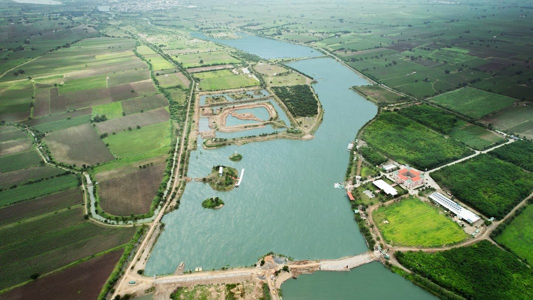 An aerial view of Bharat Mata Sarovar lake rejuvenation project in the Amreli district of Gujarat, India supported by India's diamond industry