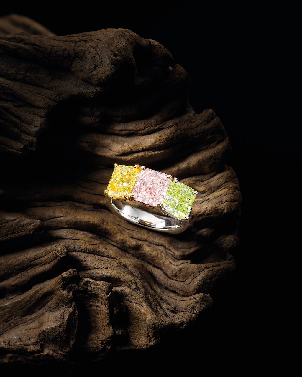 Fancy Colored Diamond Three-Stone Ring from the Most Expensive Diamond Jewelry Auctions of 2024.