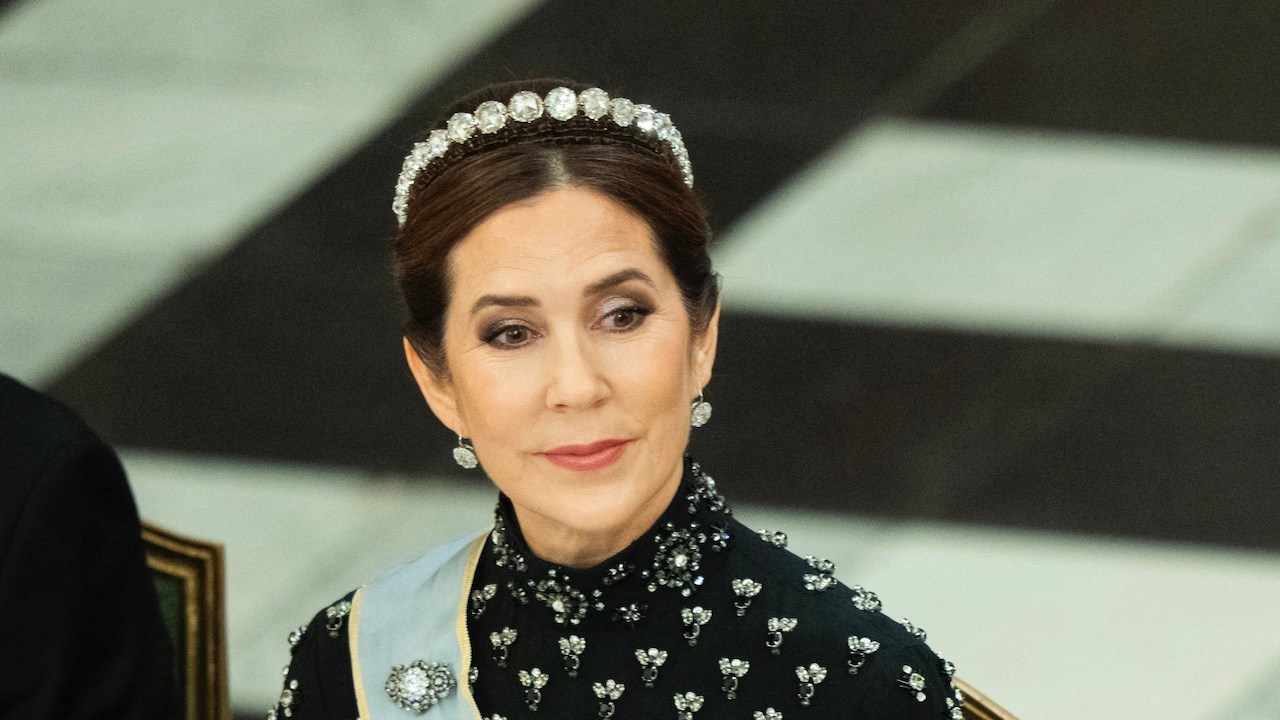 Queen Mary of Denmark attends a gala dinner at Christiansborg Palace in Copenhagen, Denmark wearing the Danish Rose Bandeau