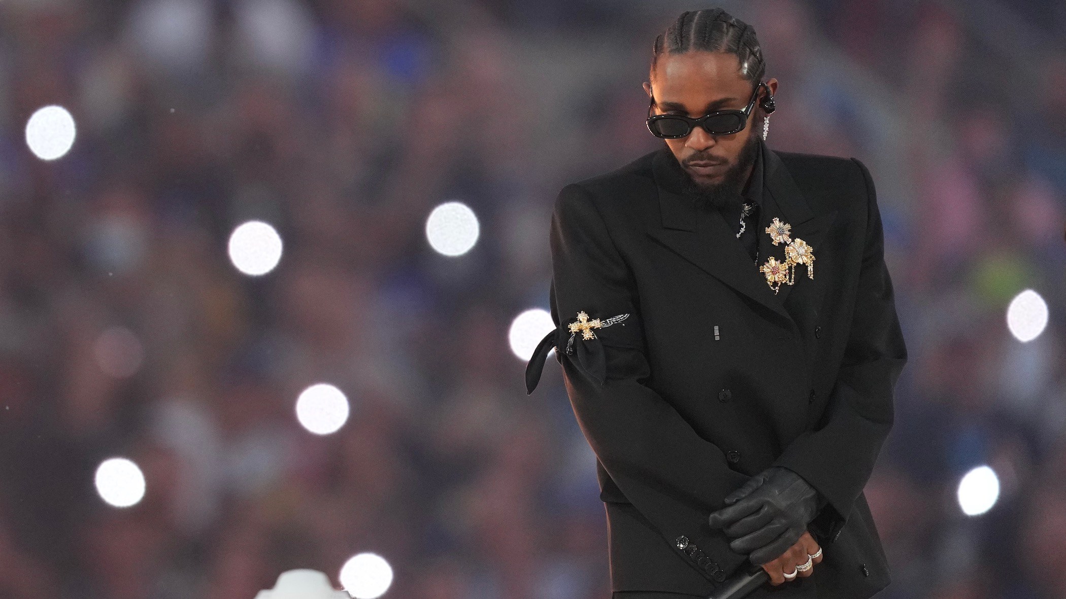 Kendrick Lamar performs in the Halftime Show during the NFL Super Bowl LVI football game on February 13, 2022 in Inglewood, California. (Getty Images)