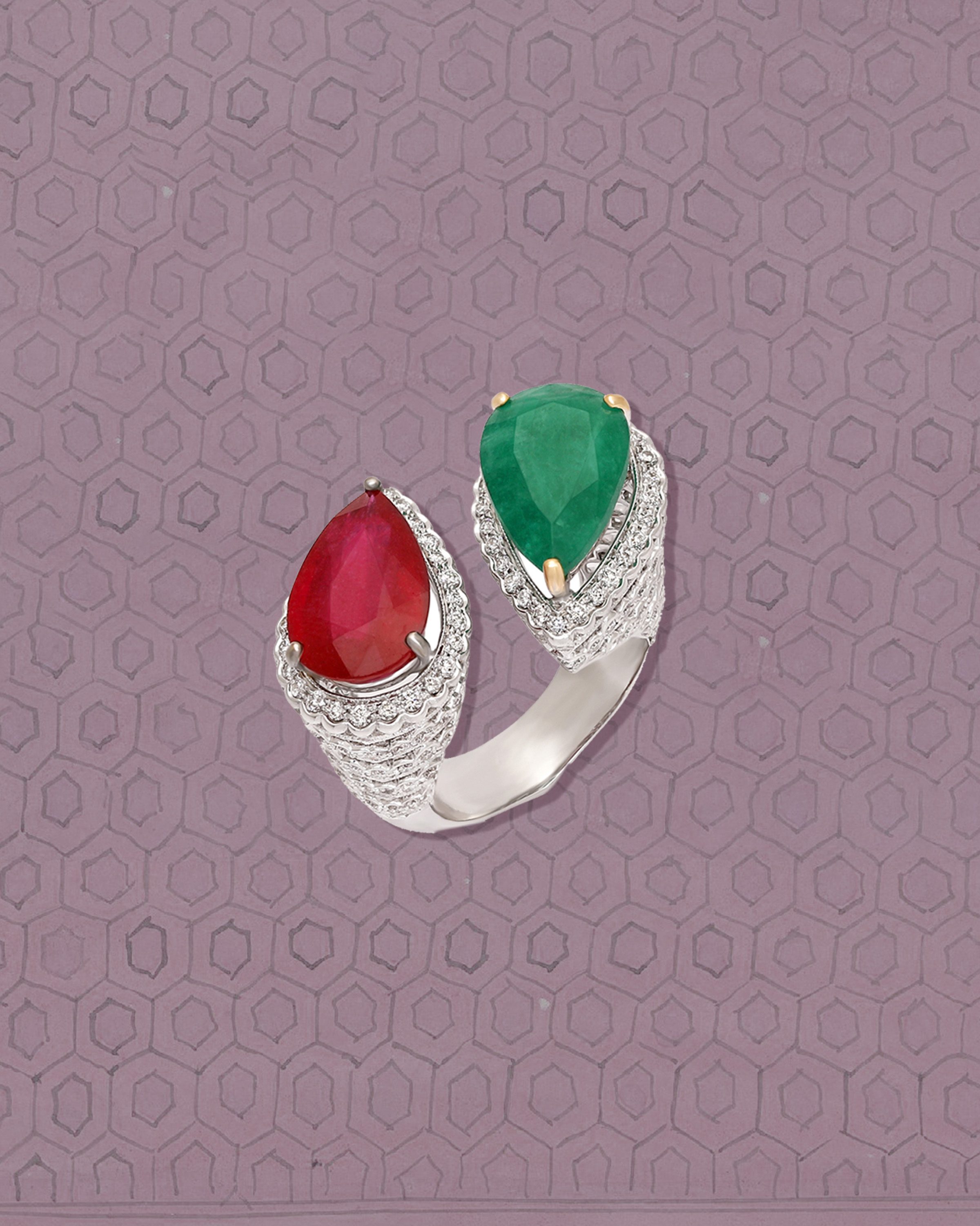 Tricolour gemstones in dazzling red, green, and white harmony