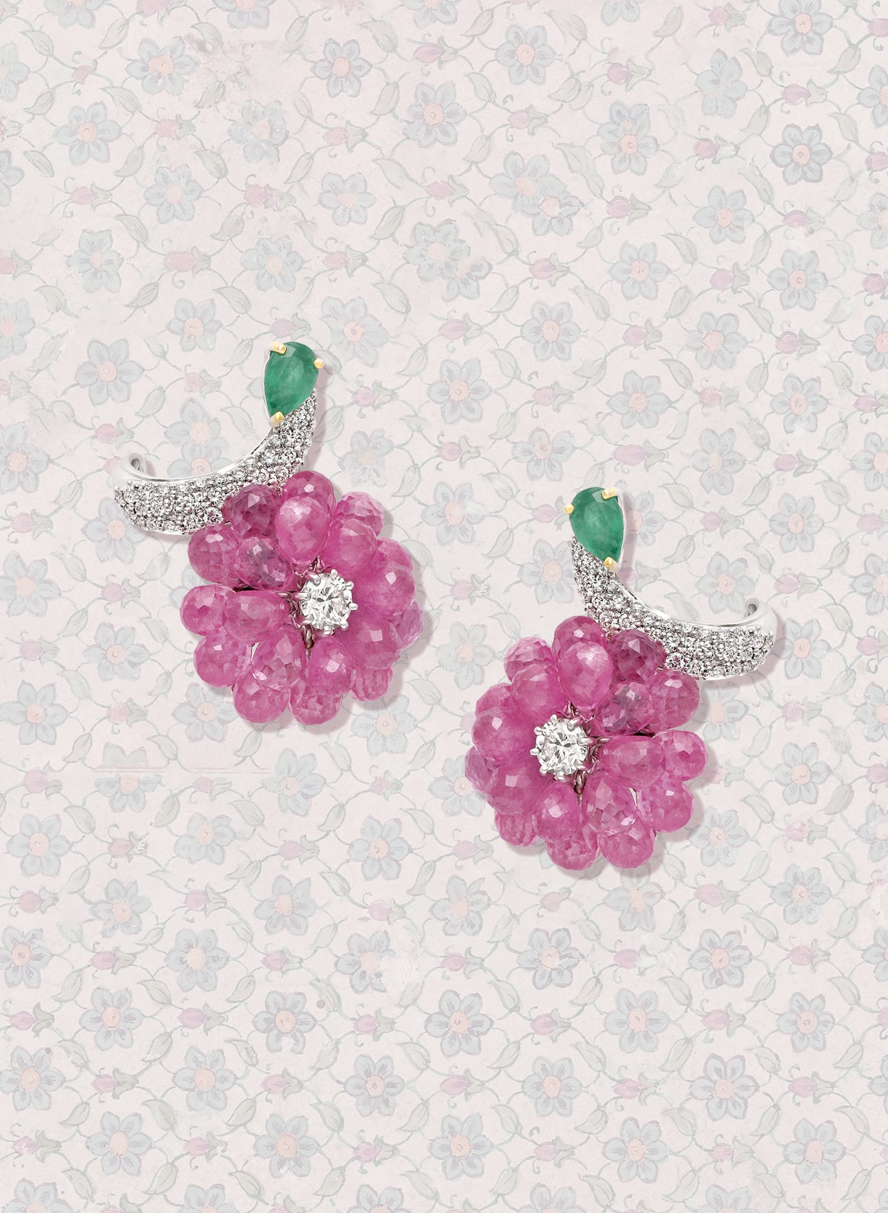 Floral earrings and bangle with diamonds, rubies, and emeralds