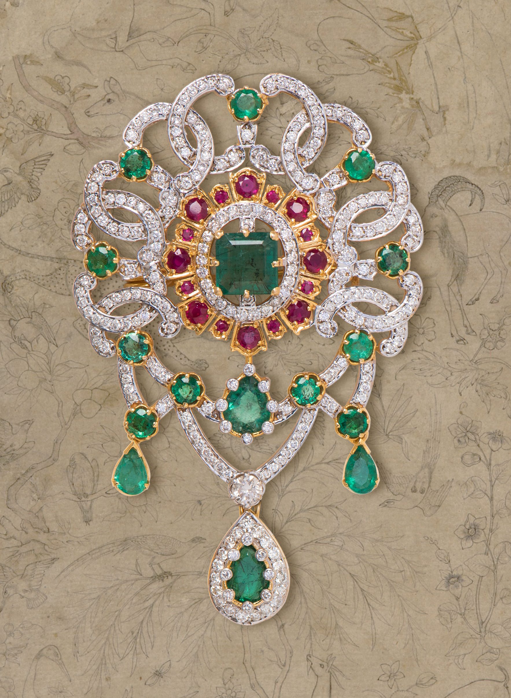 Diamond, emerald, and ruby brooch