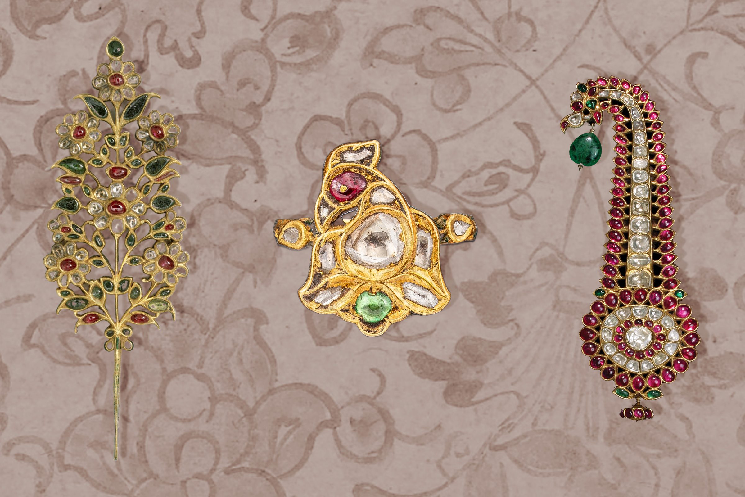 Turban ornaments and a rare bird ring with gemstones