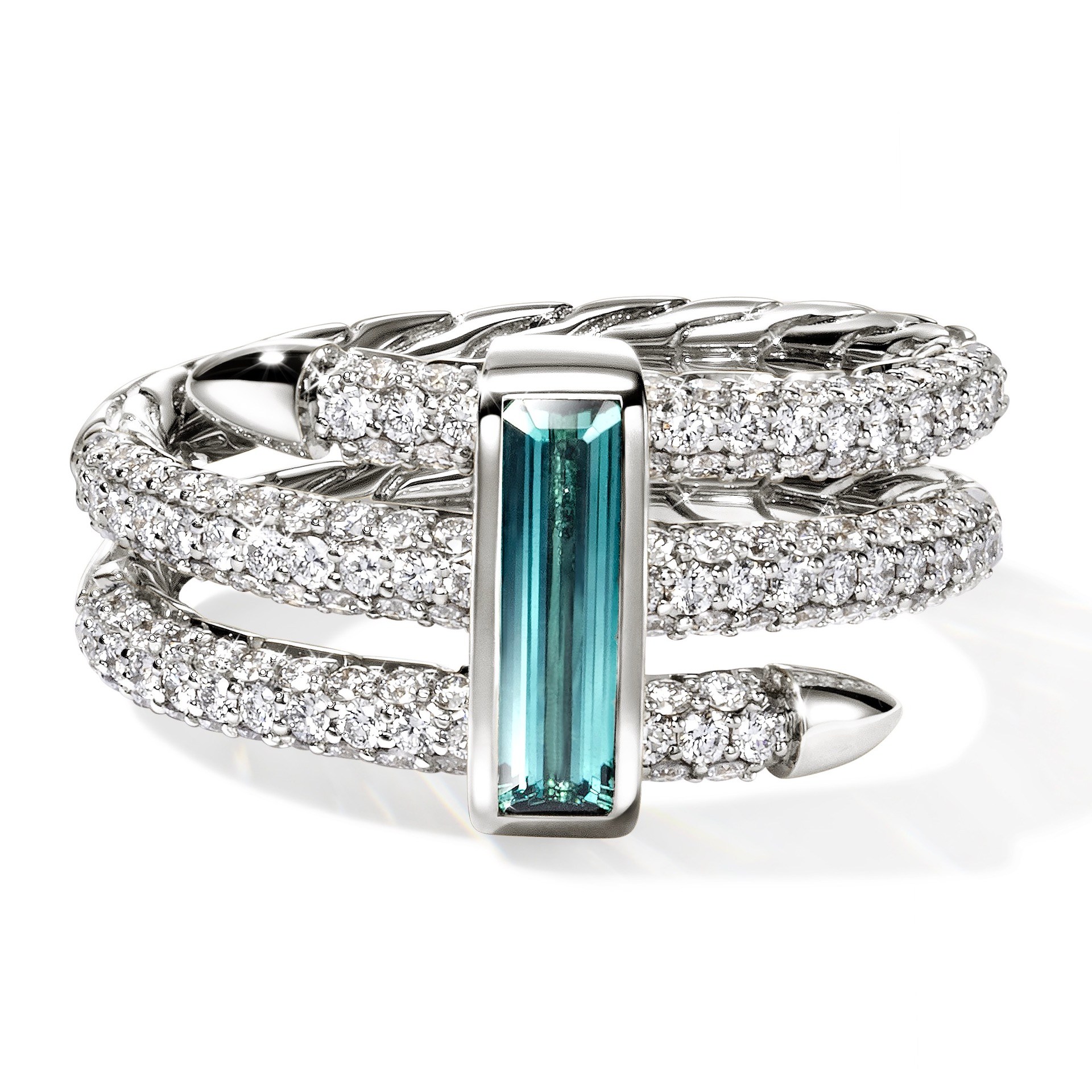 John Hardy Spear Double Coil Ring 18K White Gold with Blue Green Tourmaline
