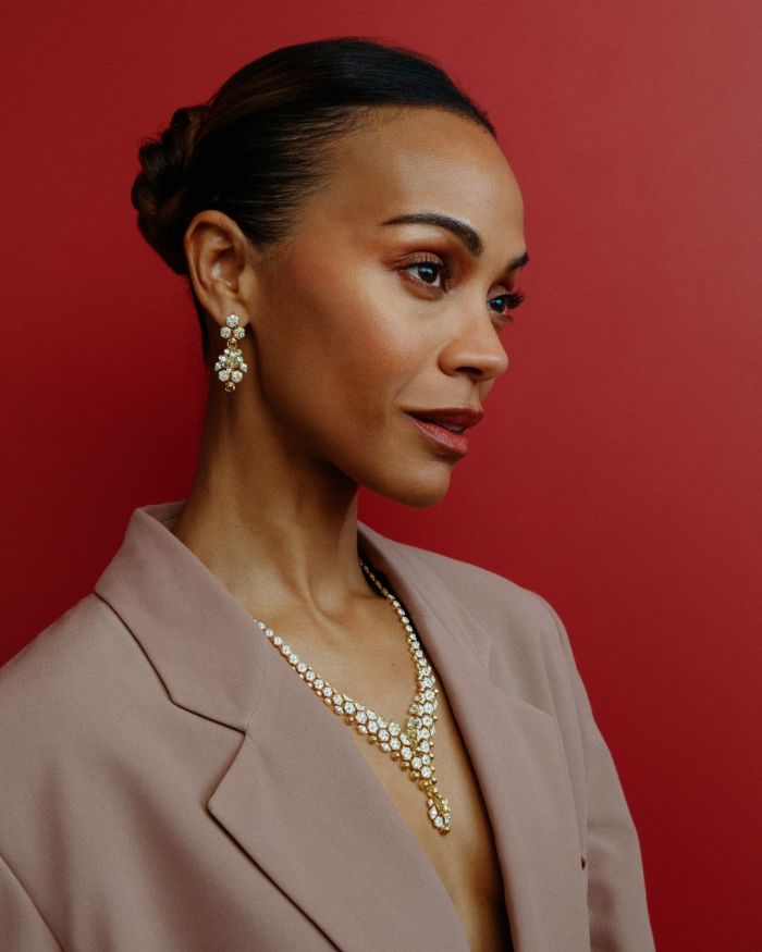 Insect Jewelry Zoë Saldaña wears the Cartier Melis Necklace from the third chapter of the Nature Sauvage High Jewelry Collection. (Charlie Clift, Courtesy of Cartier)