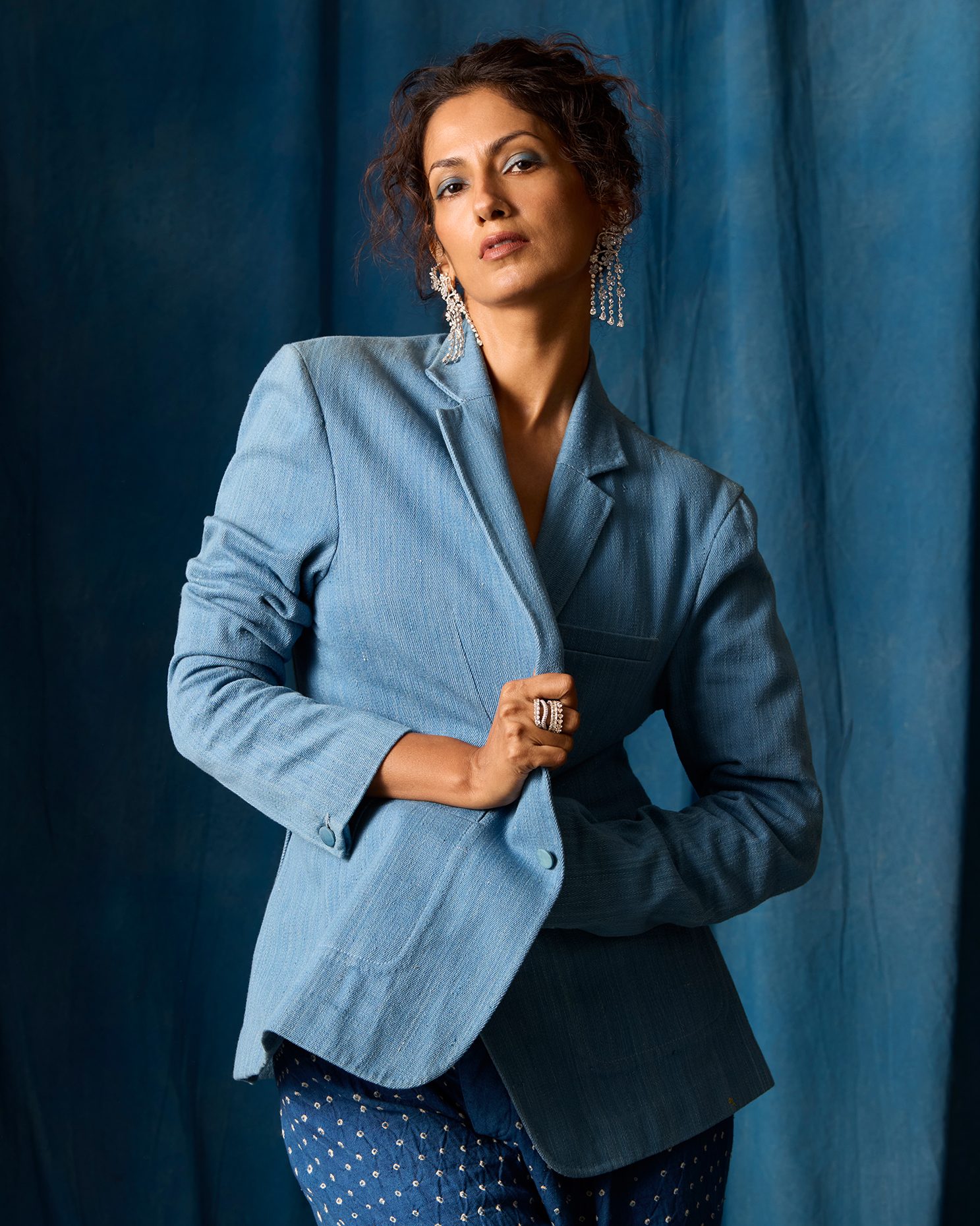 Jewellery from Khanna Jewellers styled with pants and blazer