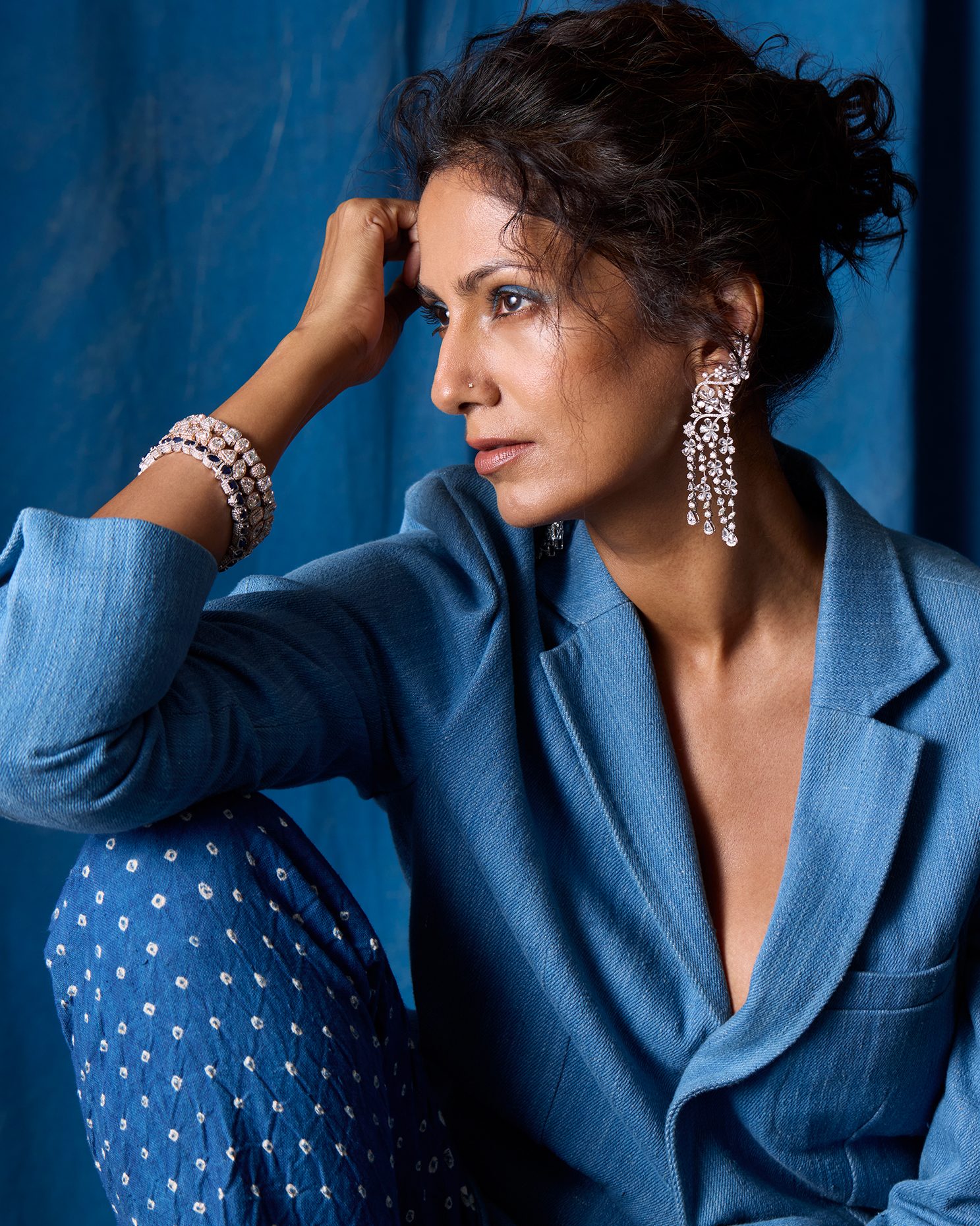 Jewellery from Khanna Jewellers styled with pants and blazer