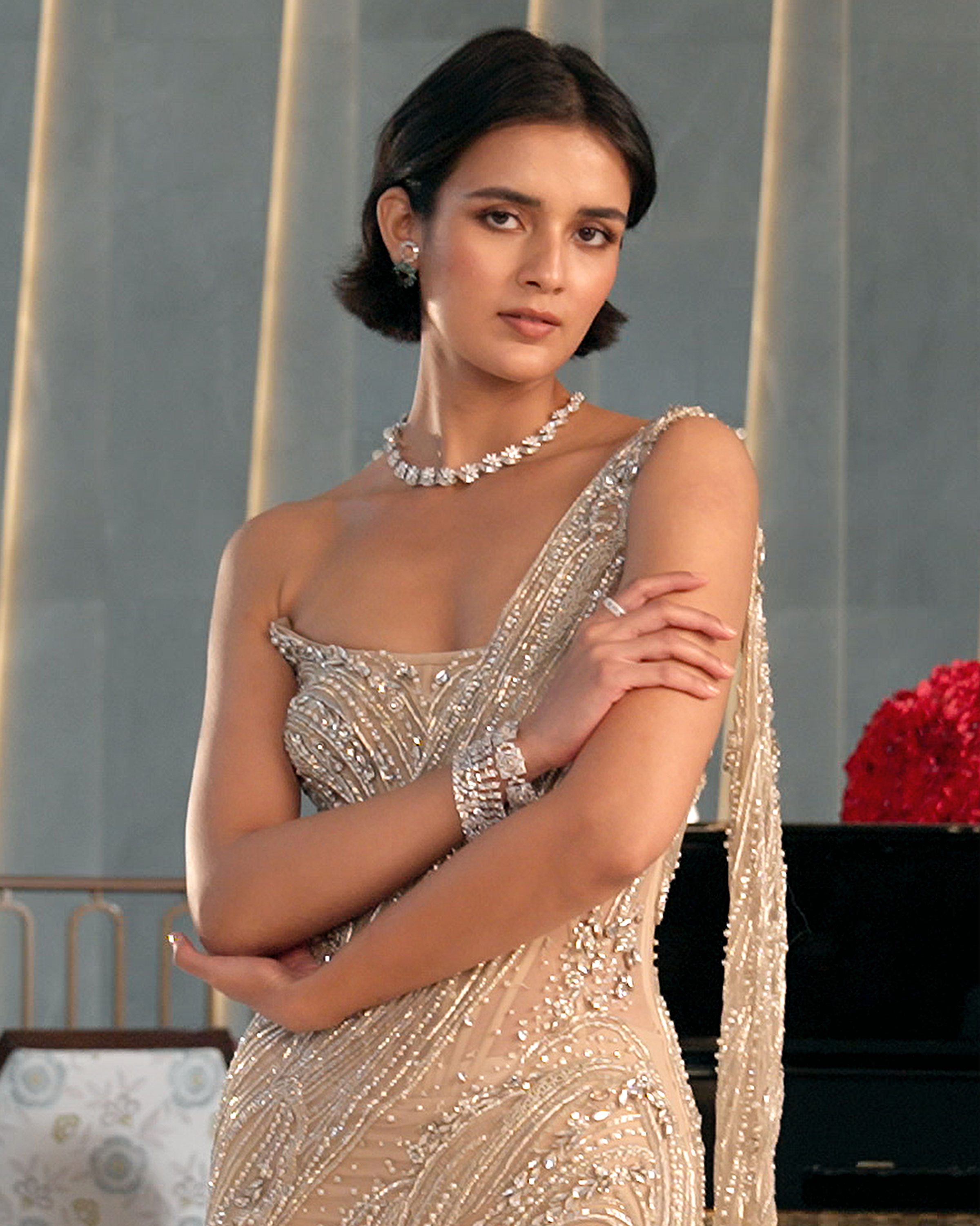 New age bride’s natural diamond maangtikka and necklace by Kantilal Chhotalal with a bracelet by H. Ajoomal