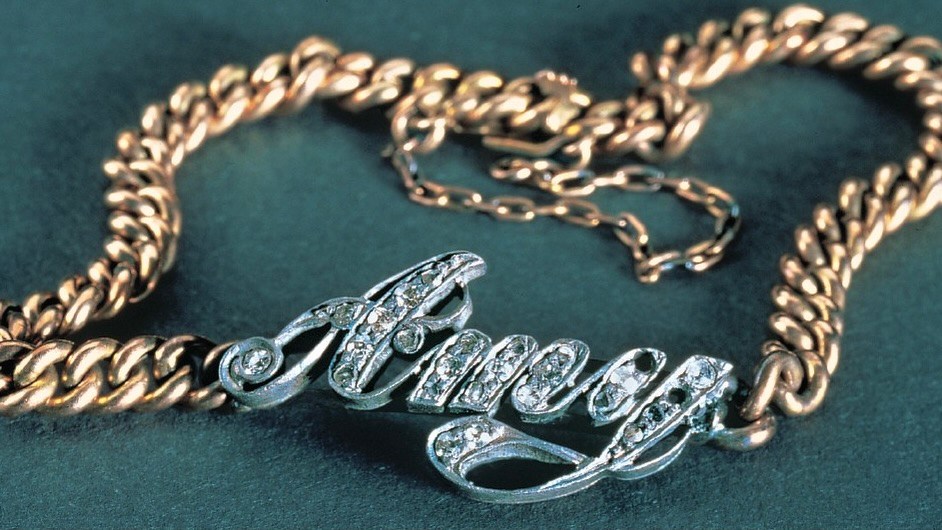 Natural diamond and gold "Amy" nameplate bracelet discovered during the 1987 excavation of the RMS Titanic.