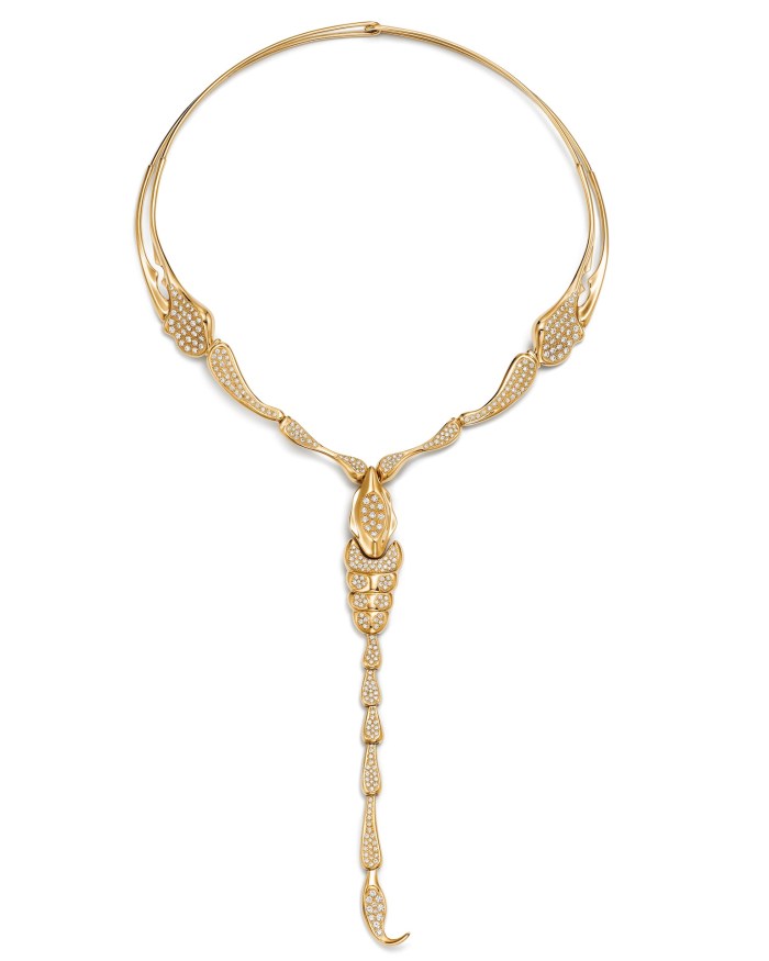 Tiffany & Co. Elsa Peretti Scorpion Necklace in Yellow Gold with Pavé Diamonds, $102,000, tiffany.com