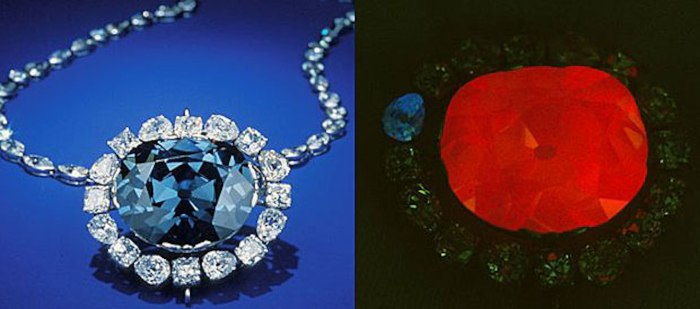 Diamond fluorescence The Hope Diamond in natural light and the Hope Diamond in UV light showing its red fluorescence.